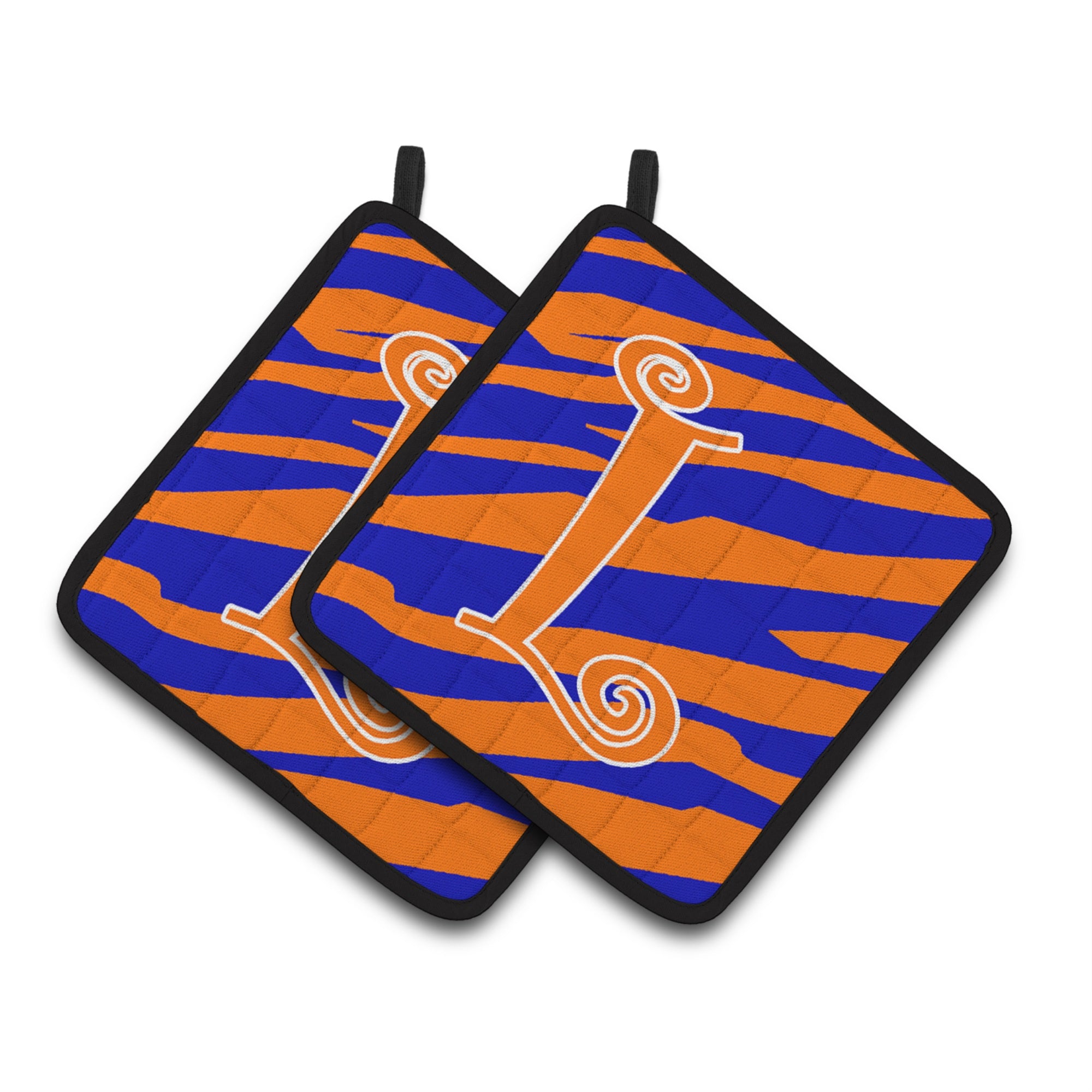 'Caroline'S Treasures Monogram Initial L Tiger Stripe Blue & Orange Pair Of Pot Holders Cj1036-Lpthd, 7.5Hx7.5W, Multicolor''