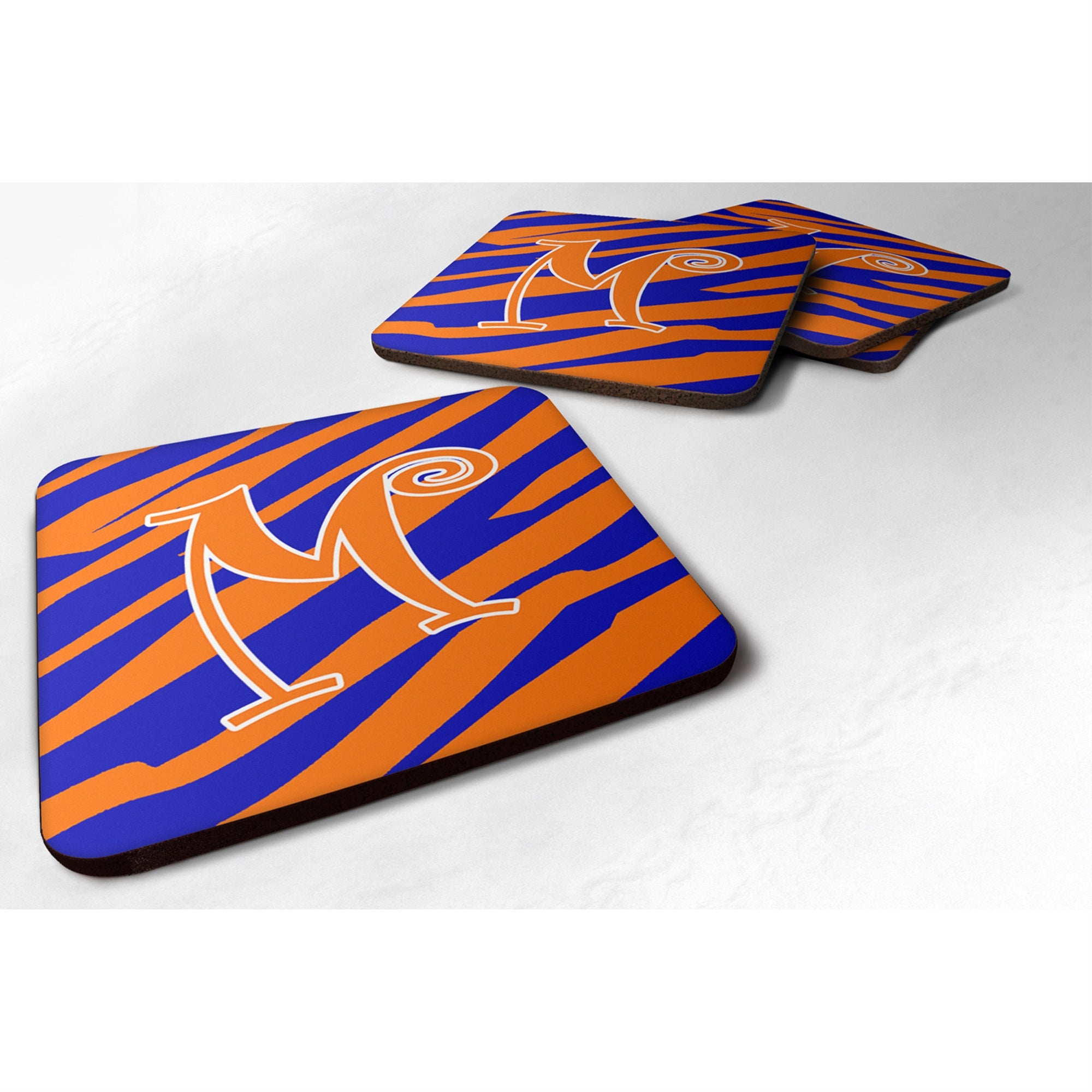 'Caroline'S Treasures Cj1036-Mfc Monogram-Tiger Stripe Blue And Orange Foam Coasters (Set Of 4), Initial Letter M, 3.5'''' H X
