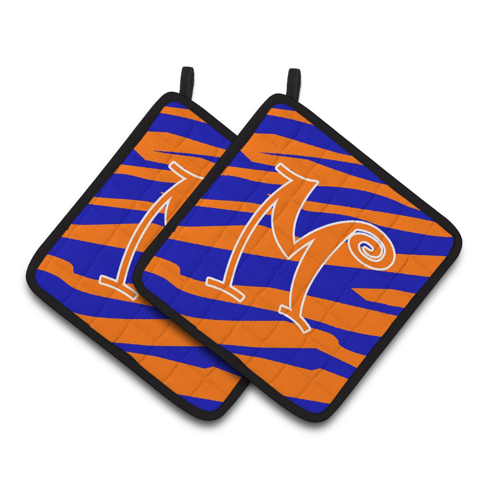 'Caroline'S Treasures Monogram Initial M Tiger Stripe Blue & Orange Pair Of Pot Holders Cj1036-Mpthd, 7.5Hx7.5W, Multicolor''