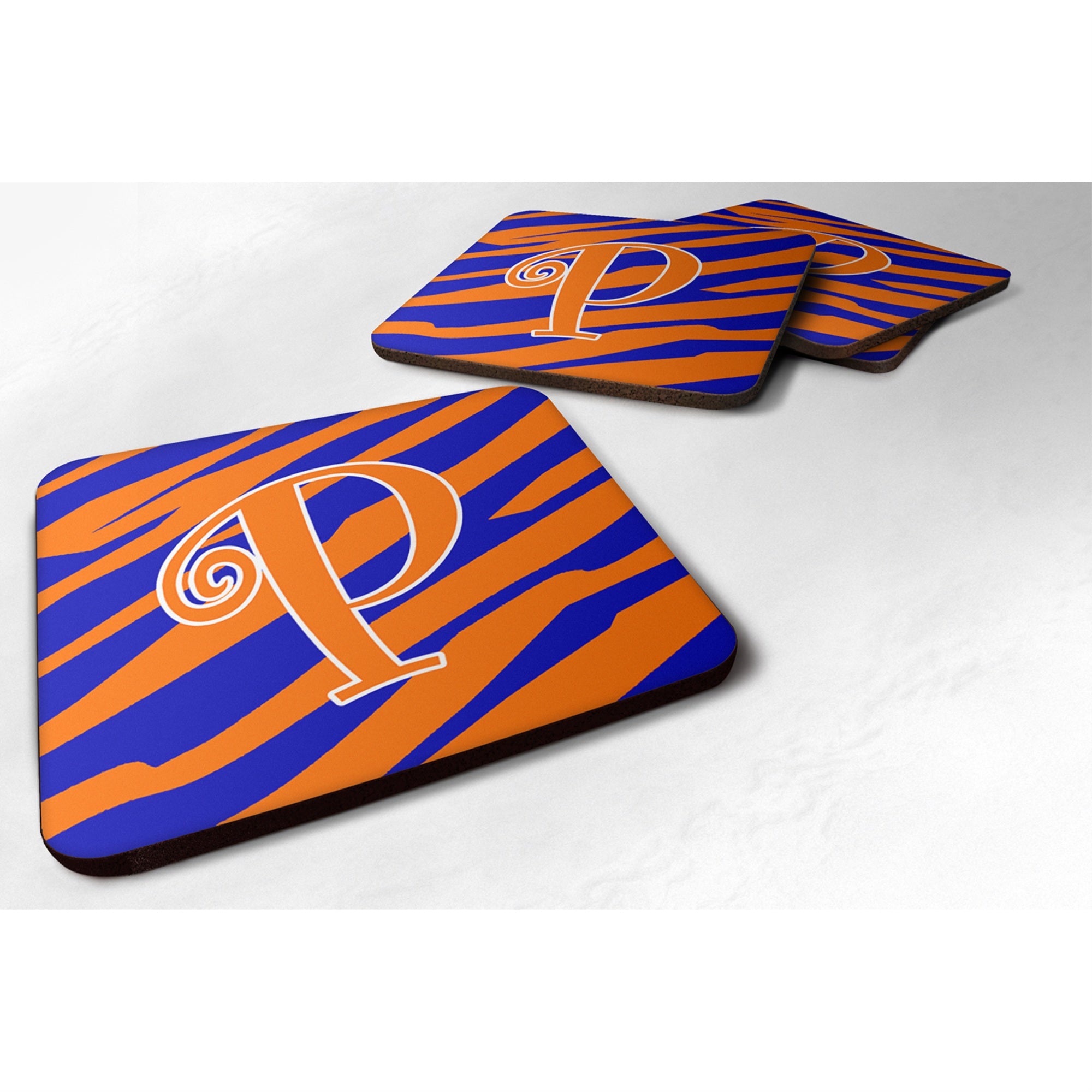 Carolines Treasures CJ1036PFC MonogramTiger Stripe Blue and Orange Foam Coasters (Set of 4) Initial Letter P 3.5 H x 3.5 