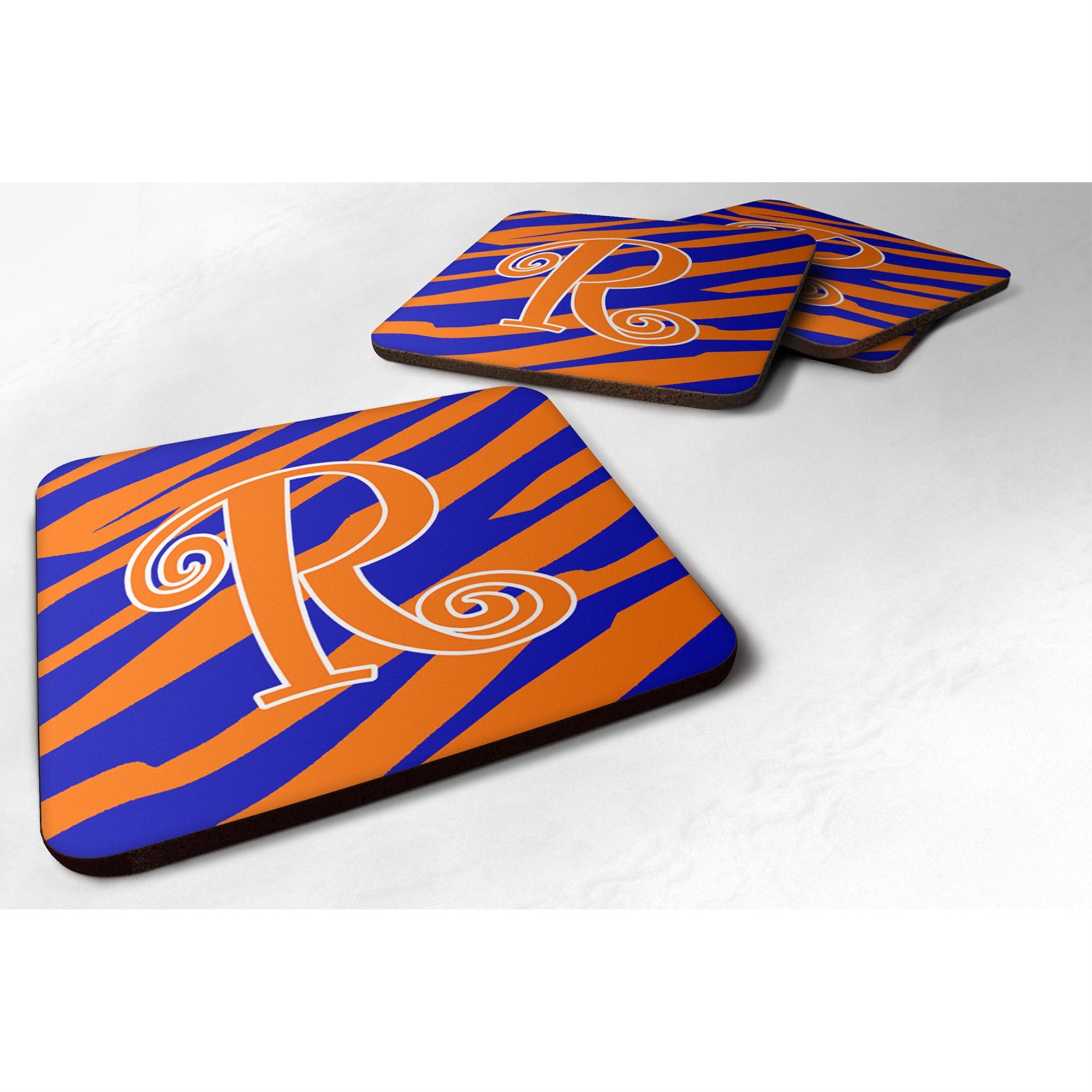 'Caroline'S Treasures Cj1036-Rfc Monogram-Tiger Stripe Blue And Orange Foam Coasters (Set Of 4), Initial Letter R, 3.5'''' H X