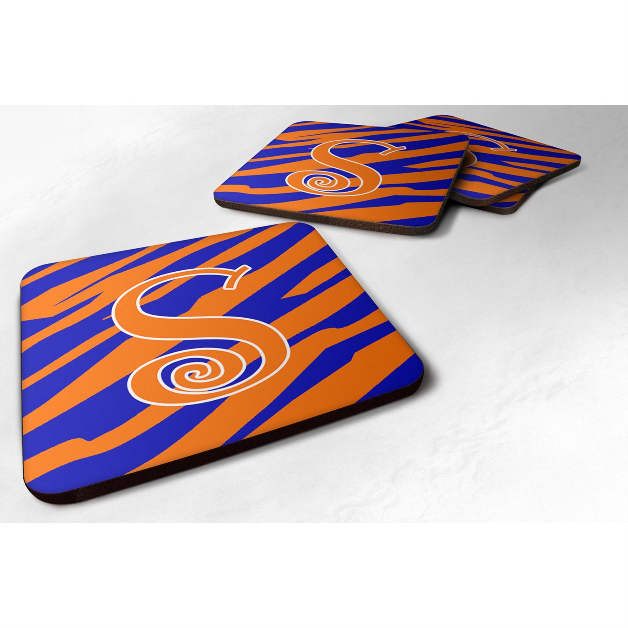 'Caroline'S Treasures Cj1036-Sfc Monogram-Tiger Stripe Blue And Orange Foam Coasters (Set Of 4), Initial Letter S, 3.5'''' H X