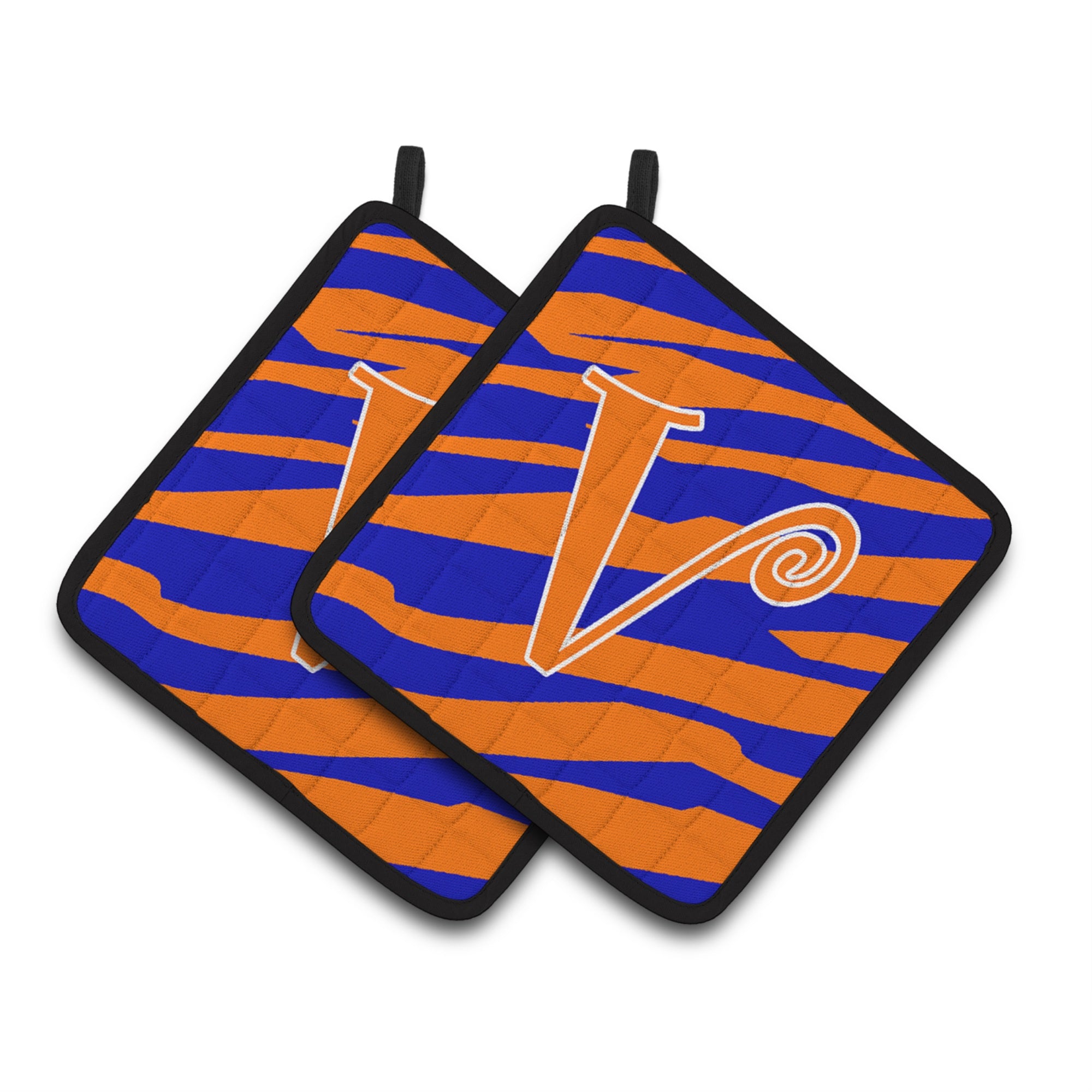 'Caroline'S Treasures Monogram Initial V Tiger Stripe Blue & Orange Pair Of Pot Holders Cj1036-Vpthd, 7.5Hx7.5W, Multicolor''