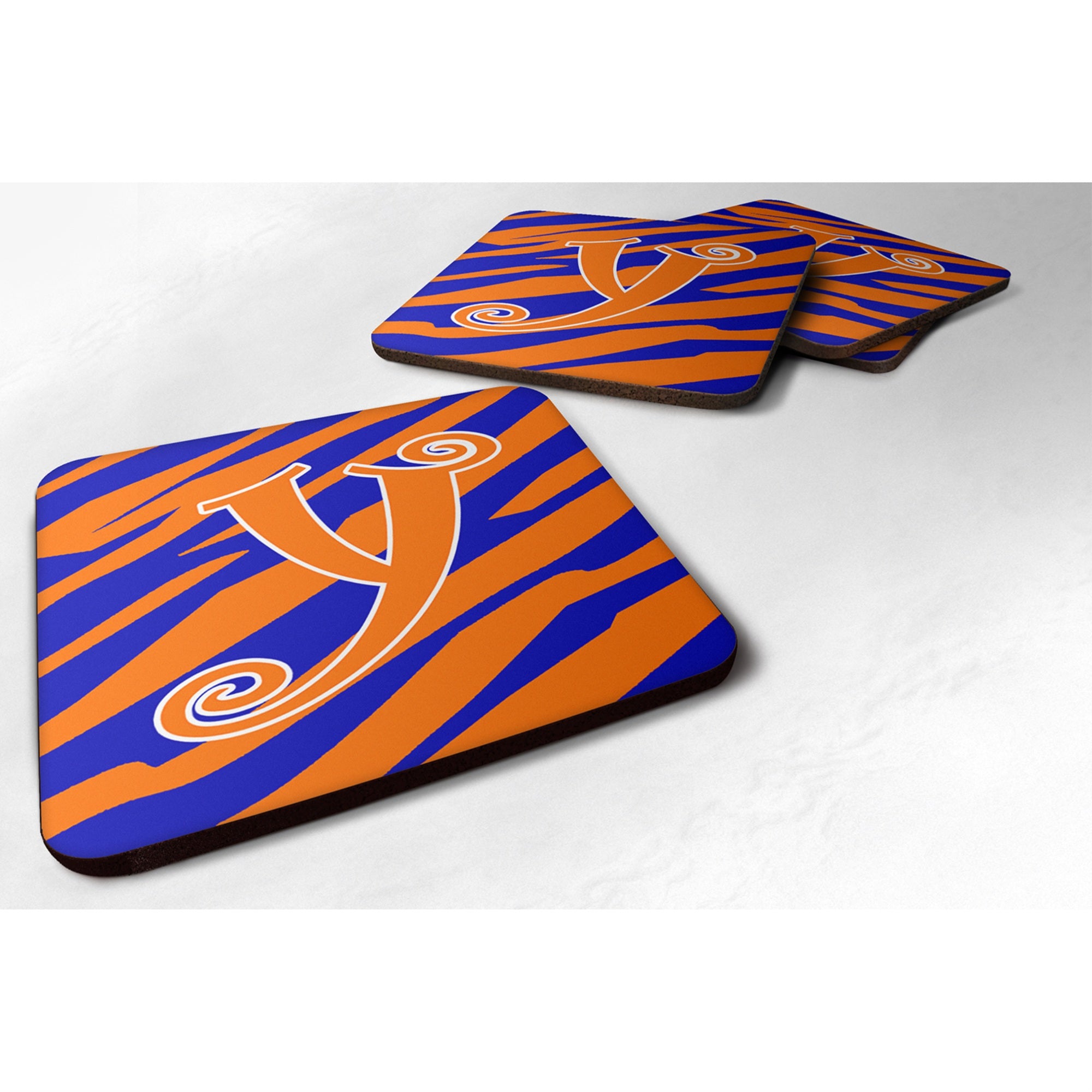 'Caroline'S Treasures Cj1036-Yfc Monogram-Tiger Stripe Blue And Orange Foam Coasters (Set Of 4), Initial Letter Y, 3.5'''' H X