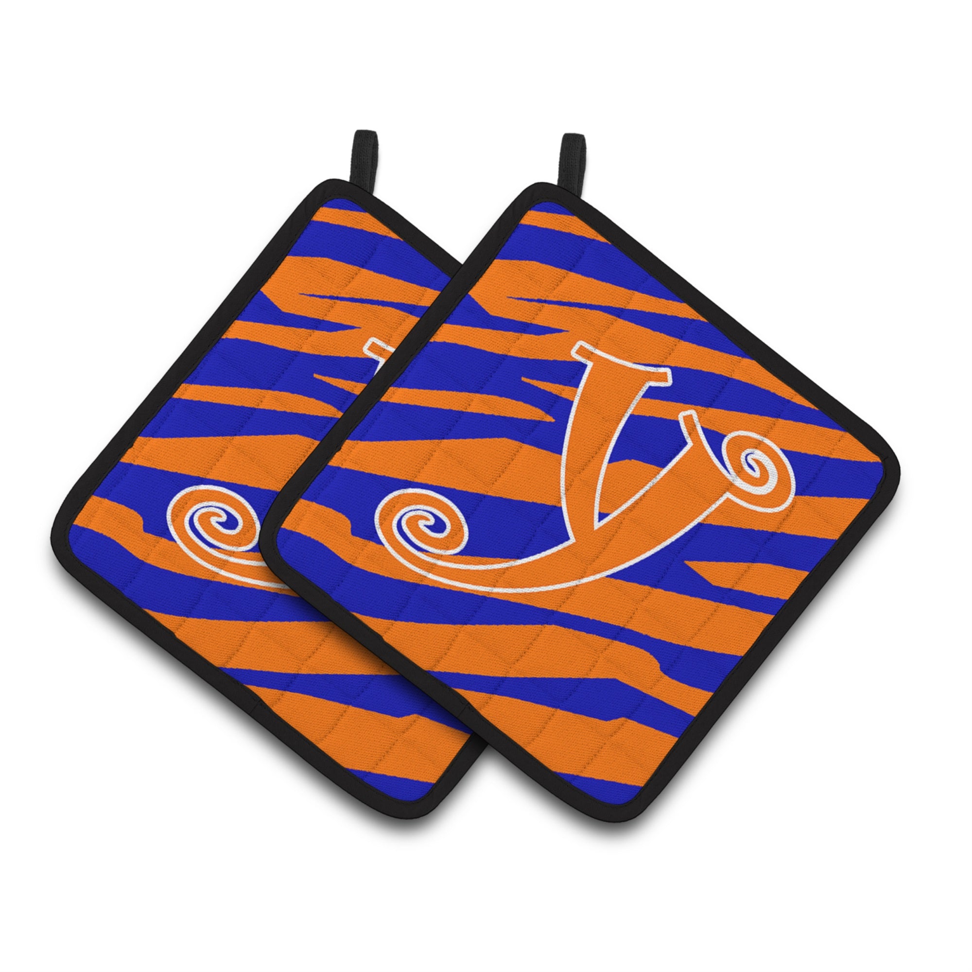 'Caroline'S Treasures Monogram Initial Y Tiger Stripe Blue & Orange Pair Of Pot Holders Cj1036-Ypthd, 7.5Hx7.5W, Multicolor''