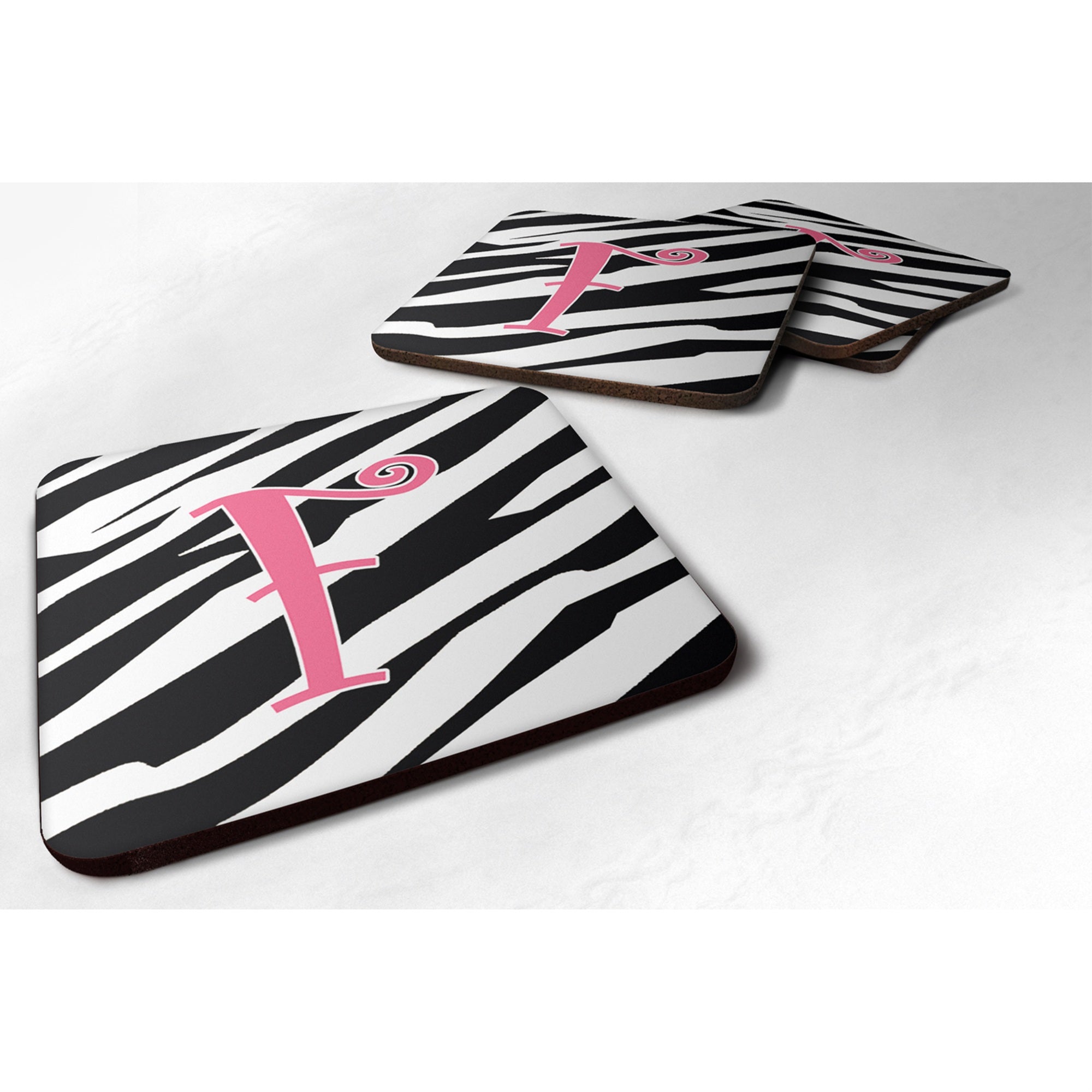 'Caroline'S Treasures Cj1037-Ffc Monogram-Zebra Stripe And Pink Foam Coasters (Set Of 4), Initial Letter F, 3.5'''' H X 3.5''''