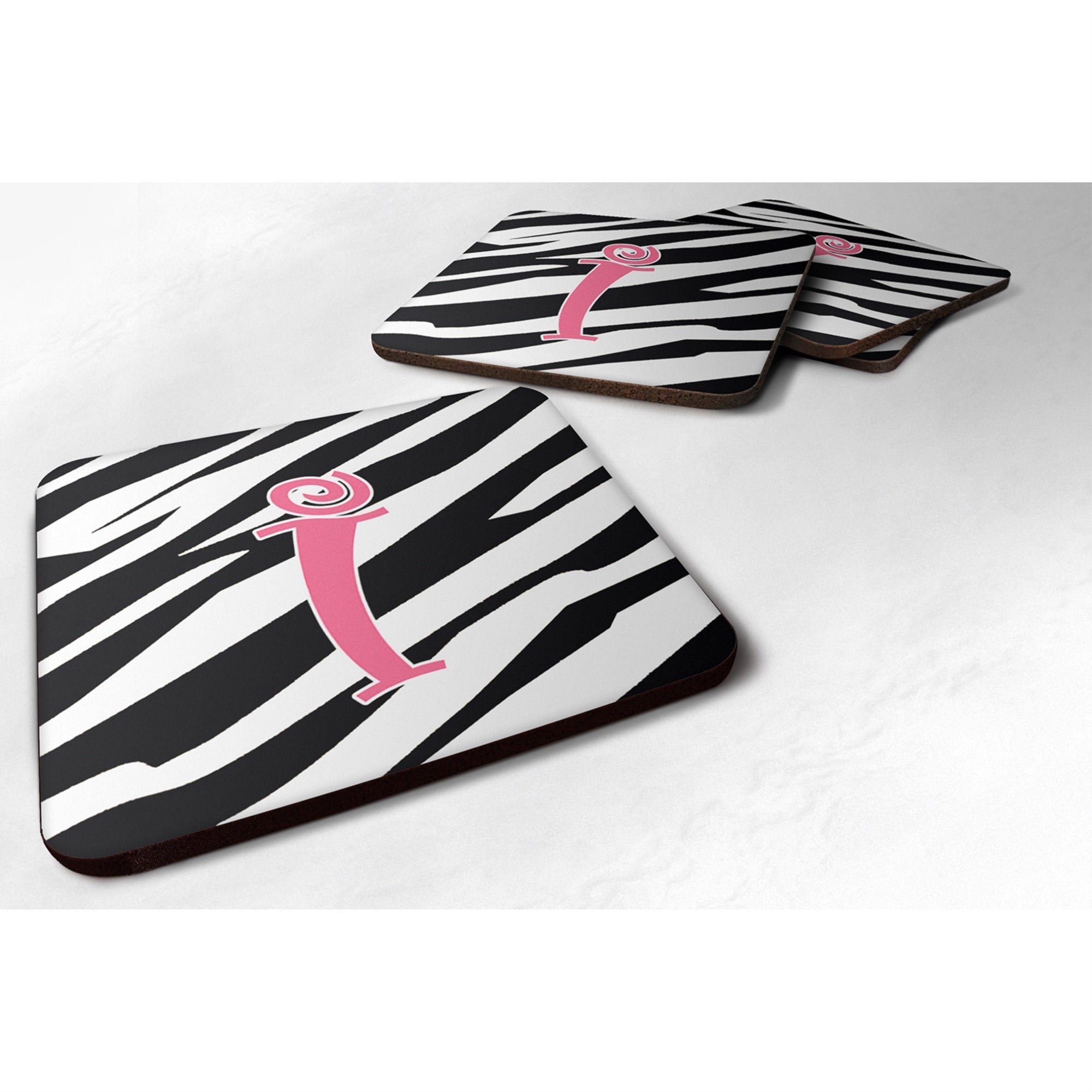 'Caroline'S Treasures Cj1037-Ifc Monogram-Zebra Stripe And Pink Foam Coasters (Set Of 4), Initial Letter I, 3.5'''' H X 3.5''''