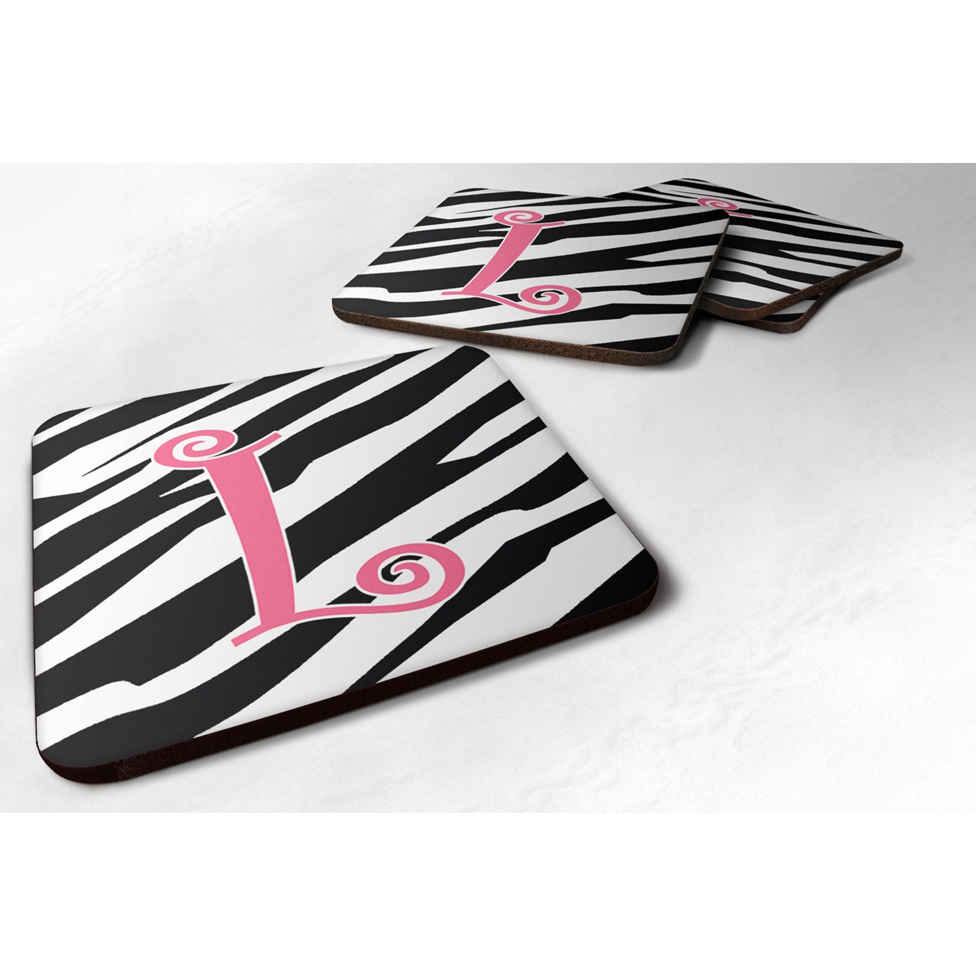 'Caroline'S Treasures Cj1037-Lfc Monogram-Zebra Stripe And Pink Foam Coasters (Set Of 4), Initial Letter L, 3.5'''' H X 3.5''''