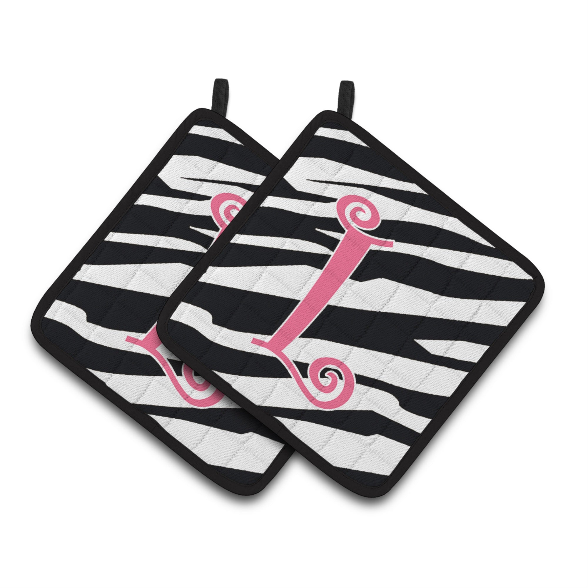 'Caroline'S Treasures Monogram Initial L Zebra Stripe & Pink Pair Of Pot Holders Cj1037-Lpthd, 7.5Hx7.5W, Multicolor''