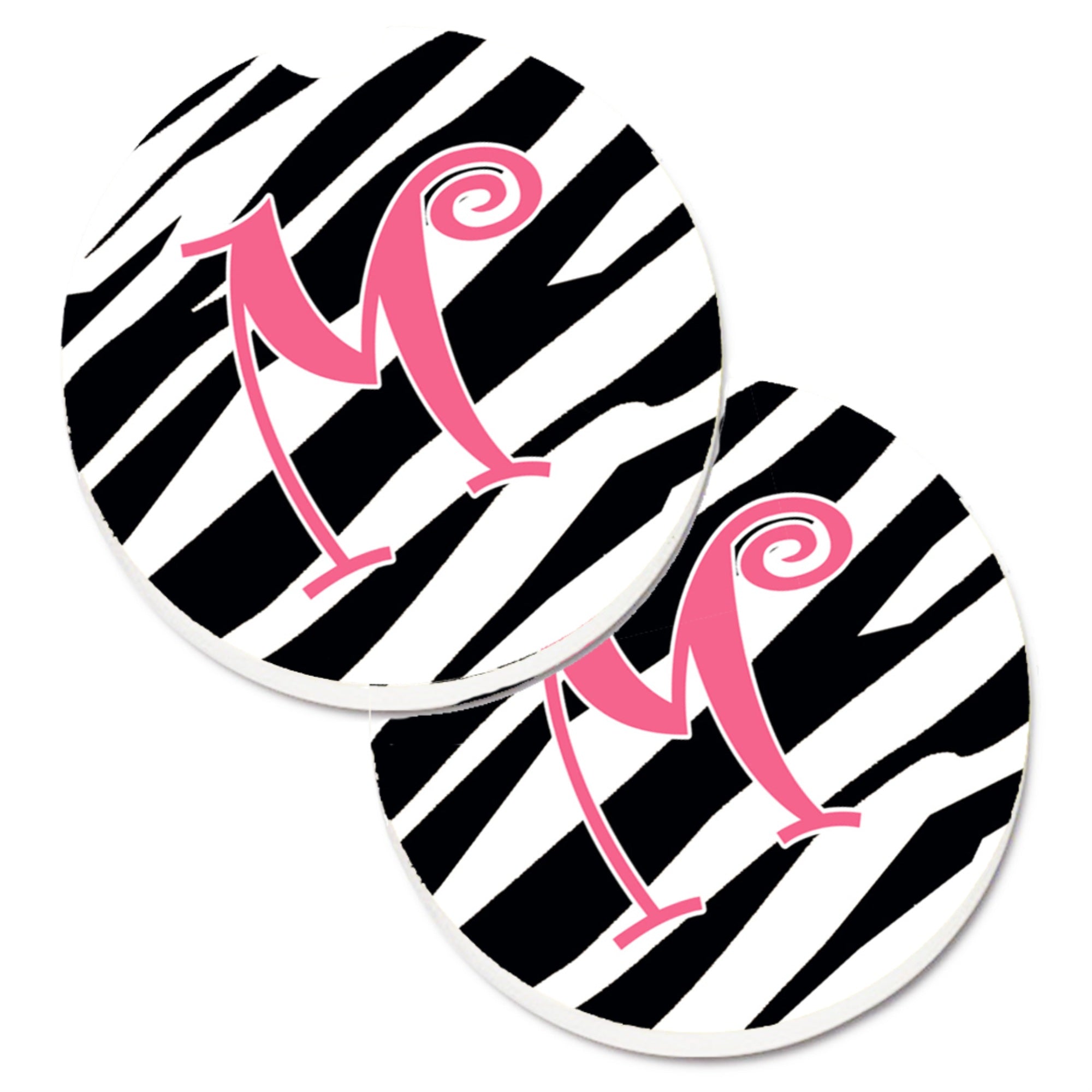 'Caroline'S Treasures Monogram Initial M Zebra Stripe & Pink Set Of 2 Cup Holder Car Coasters Cj1037-Mcarc, 2.56, Multicolor''