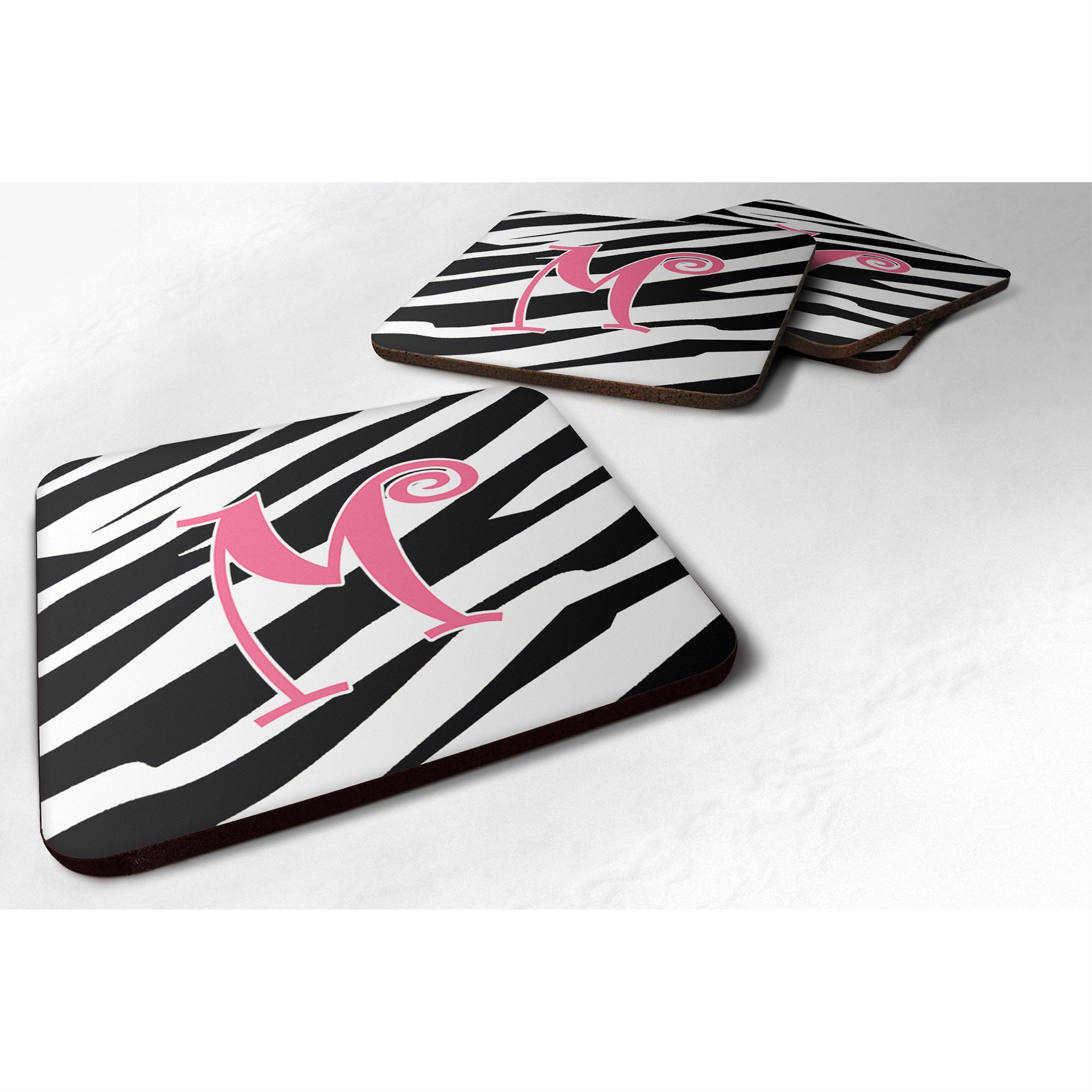 'Caroline'S Treasures Cj1037-Mfc Monogram-Zebra Stripe And Pink Foam Coasters (Set Of 4), Initial Letter M, 3.5'''' H X 3.5''''