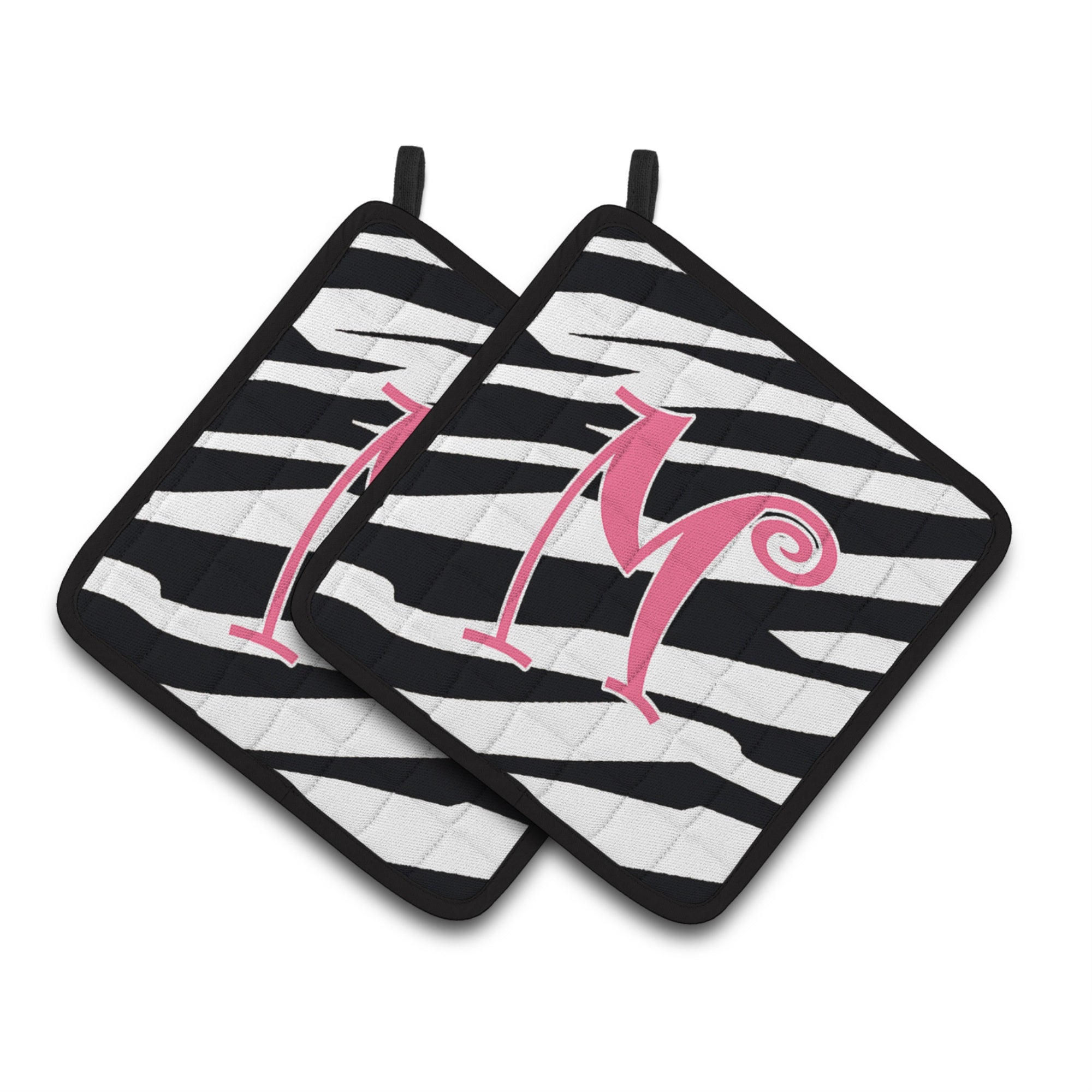 'Caroline'S Treasures Monogram Initial M Zebra Stripe & Pink Pair Of Pot Holders Cj1037-Mpthd, 7.5Hx7.5W, Multicolor''