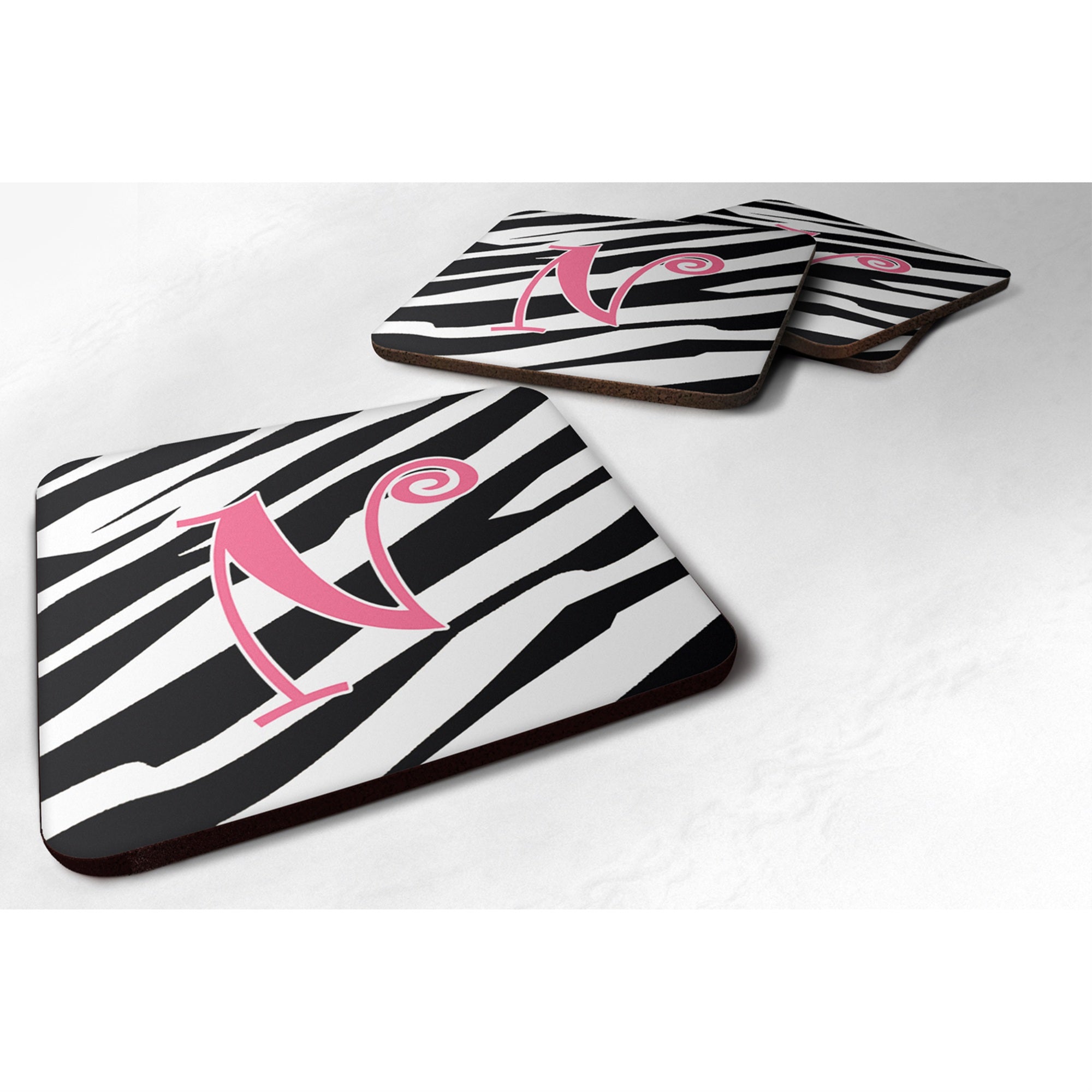 'Caroline'S Treasures Cj1037-Nfc Monogram-Zebra Stripe And Pink Foam Coasters (Set Of 4), Initial Letter N, 3.5'''' H X 3.5''''