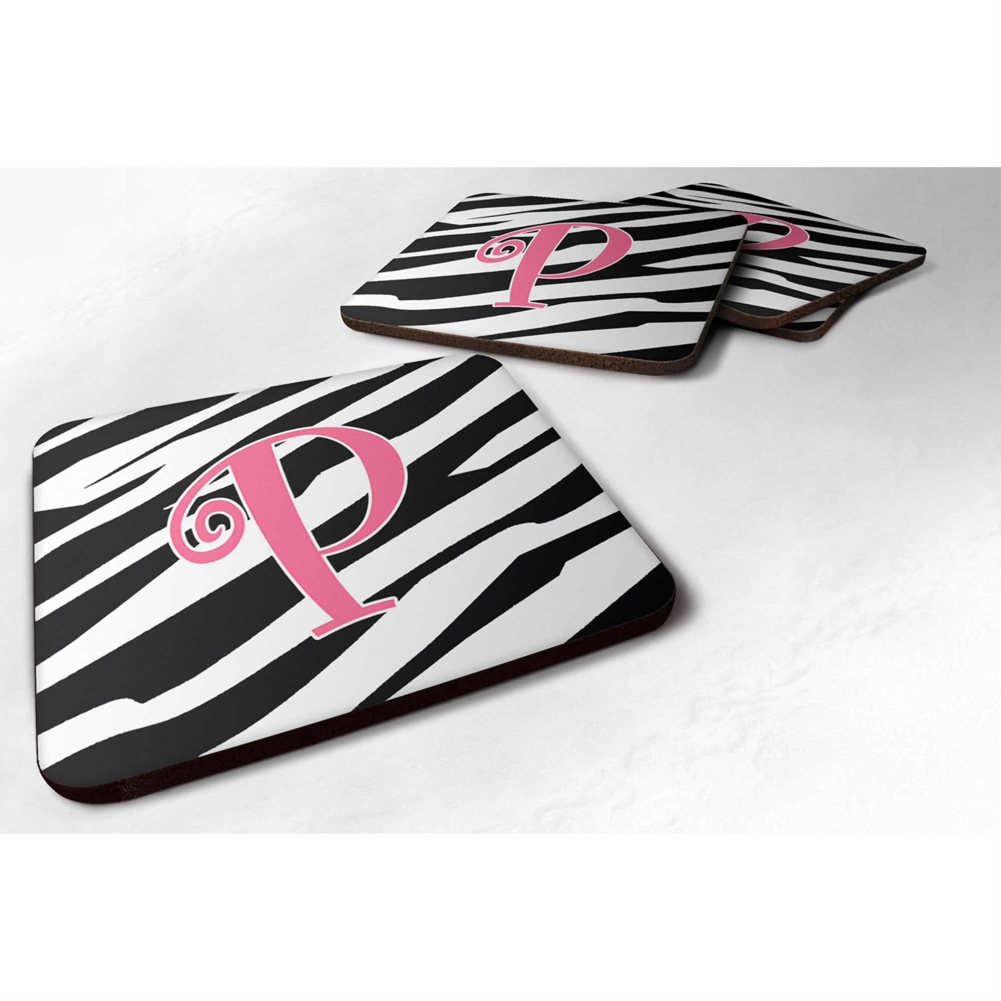 'Caroline'S Treasures Cj1037-Pfc Monogram-Zebra Stripe And Pink Foam Coasters (Set Of 4), Initial Letter P, 3.5'''' H X 3.5''''