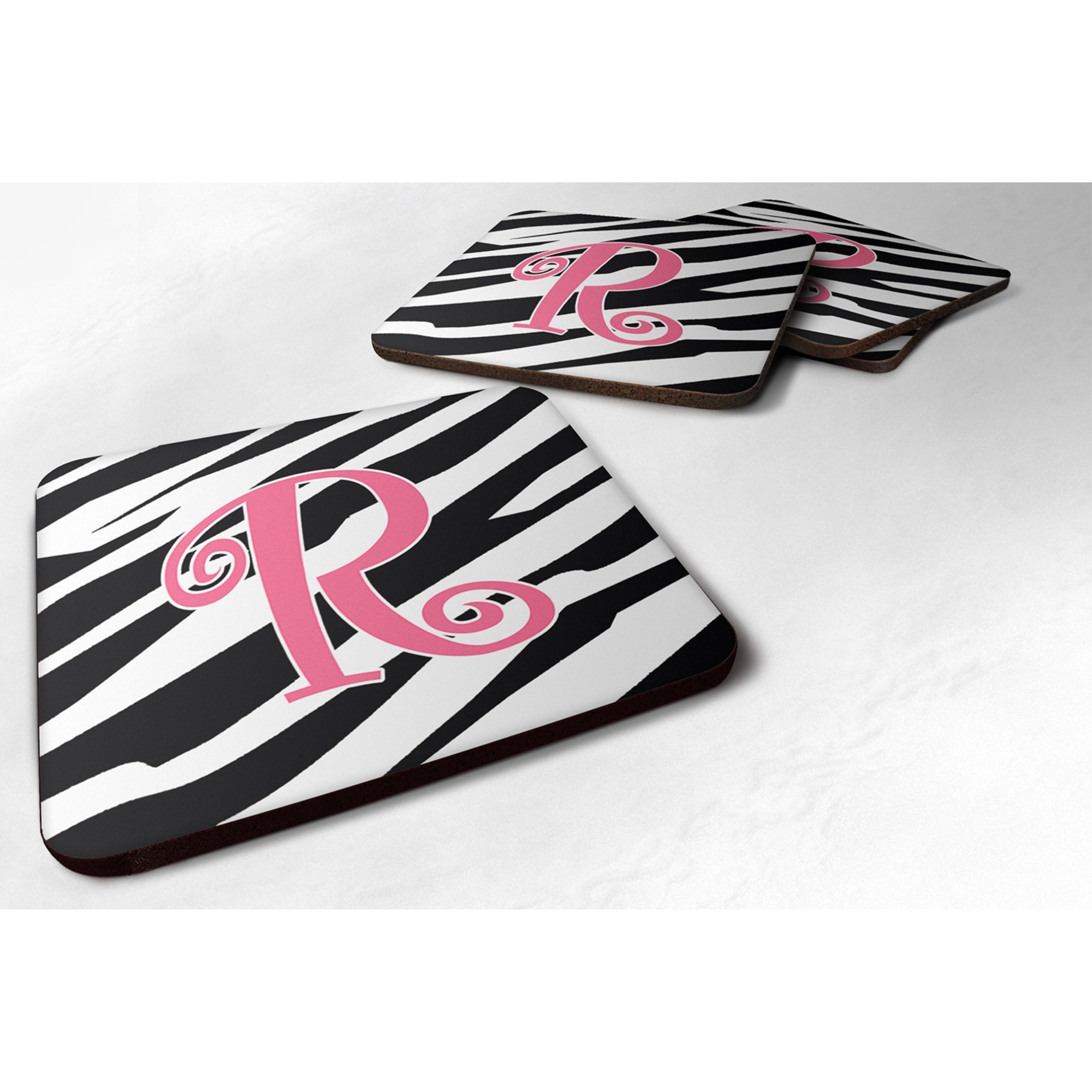 'Caroline'S Treasures Cj1037-Rfc Monogram-Zebra Stripe And Pink Foam Coasters (Set Of 4), Initial Letter R, 3.5'''' H X 3.5''''