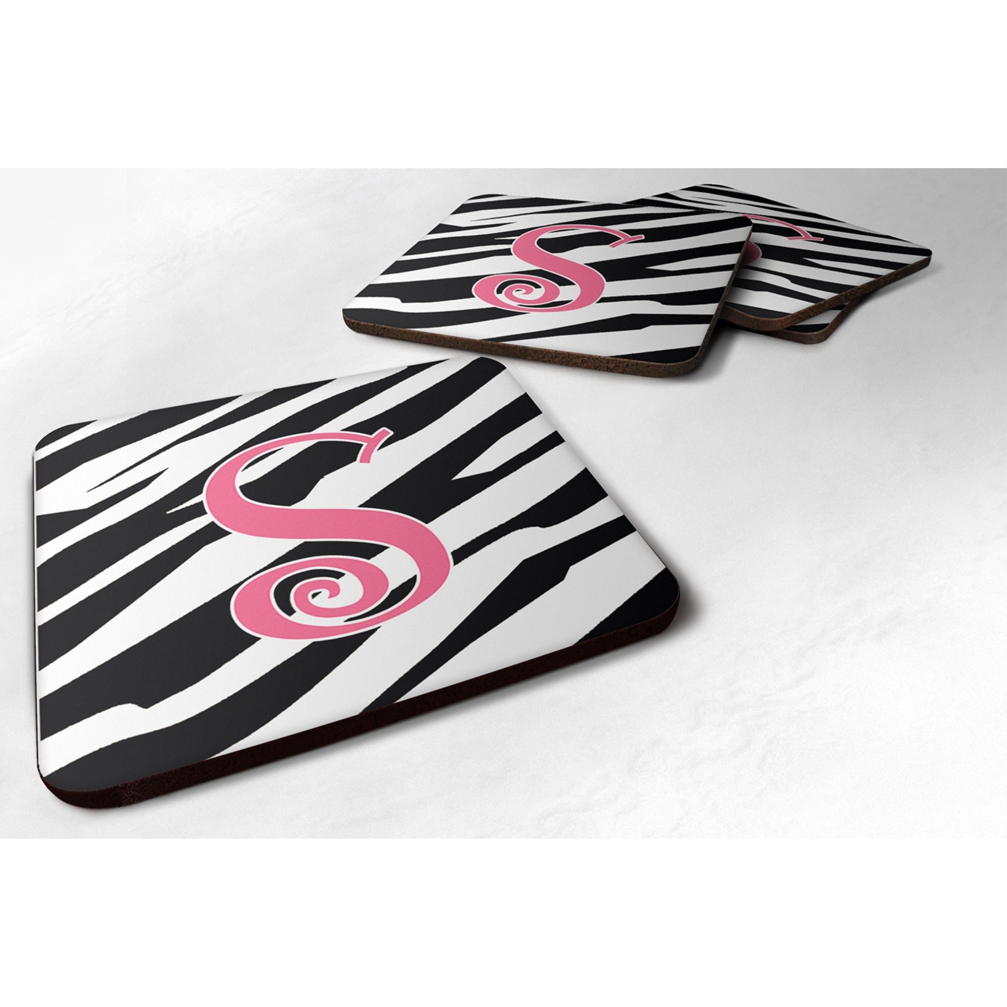 'Caroline'S Treasures Cj1037-Sfc Monogram-Zebra Stripe And Pink Foam Coasters (Set Of 4), Initial Letter S, 3.5'''' H X 3.5''''