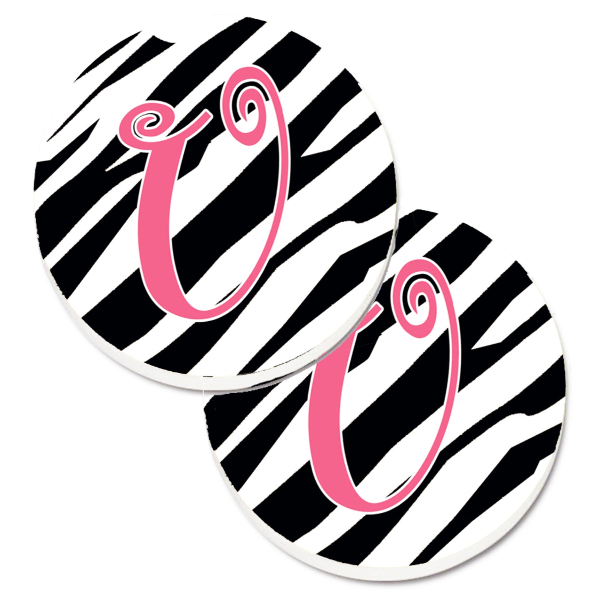 'Caroline'S Treasures Monogram Initial U Zebra Stripe & Pink Set Of 2 Cup Holder Car Coasters Cj1037-Ucarc, 2.56, Multicolor''