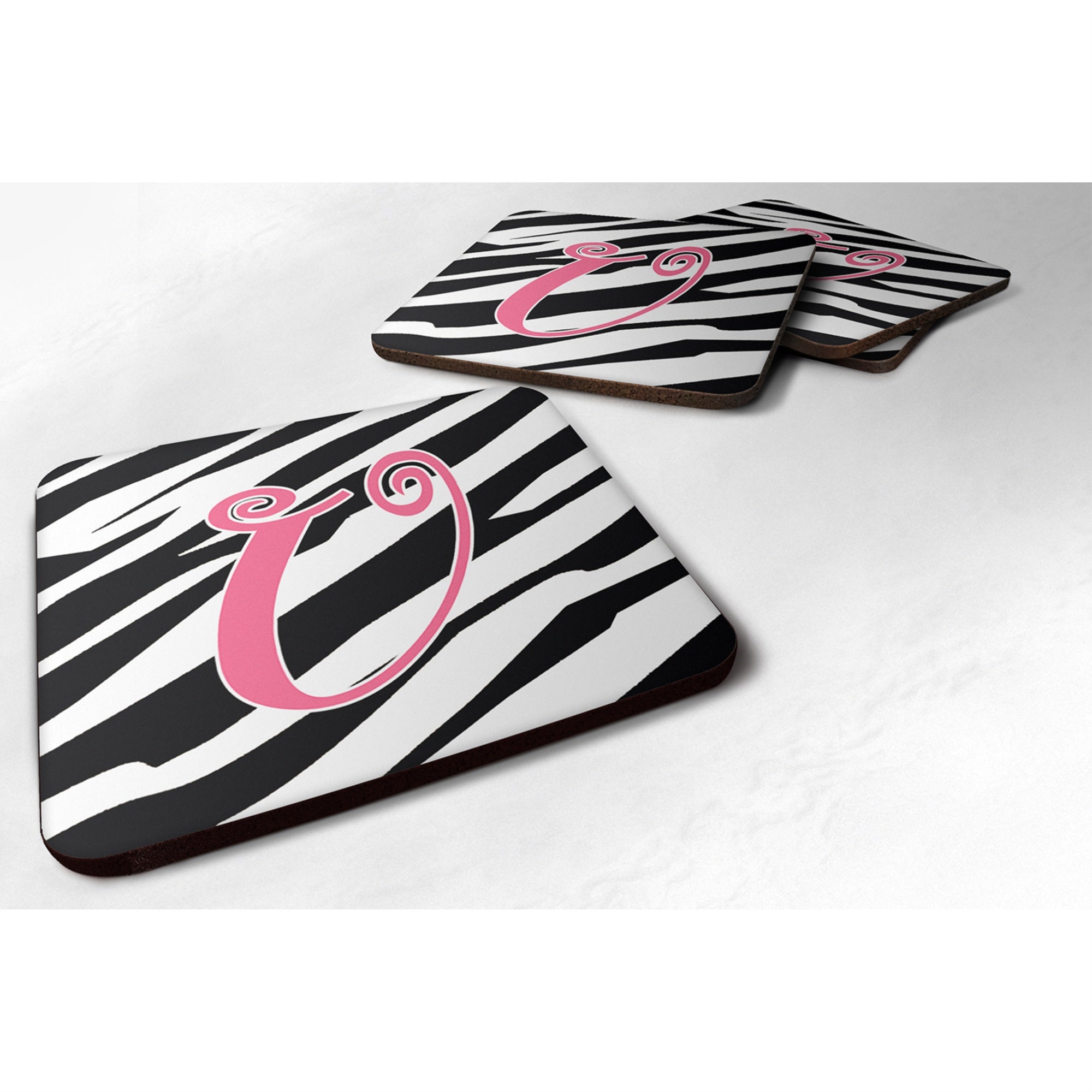 'Caroline'S Treasures Cj1037-Ufc Monogram-Zebra Stripe And Pink Foam Coasters (Set Of 4), Initial Letter U, 3.5'''' H X 3.5''''