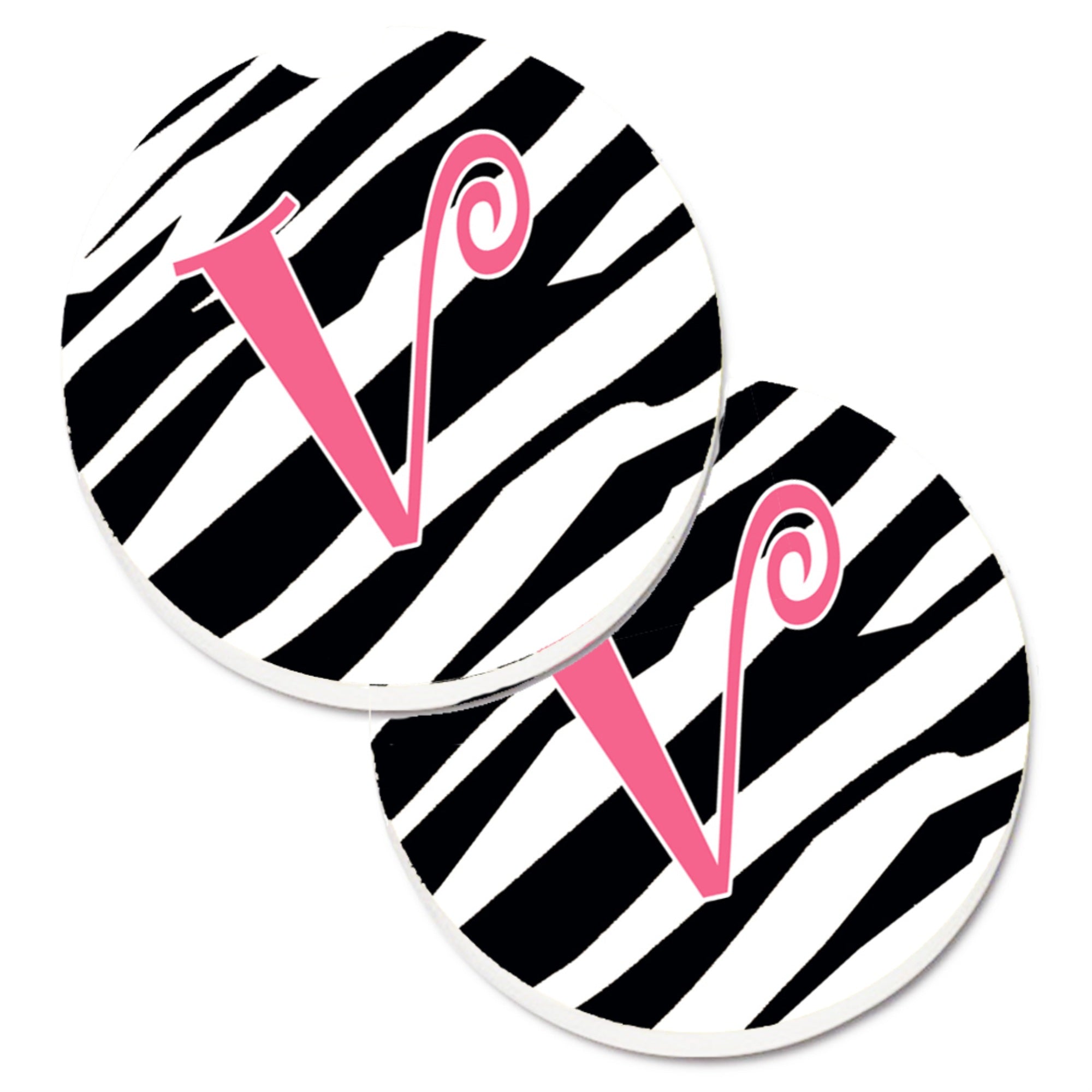 'Caroline'S Treasures Monogram Initial V Zebra Stripe & Pink Set Of 2 Cup Holder Car Coasters Cj1037-Vcarc, 2.56, Multicolor''