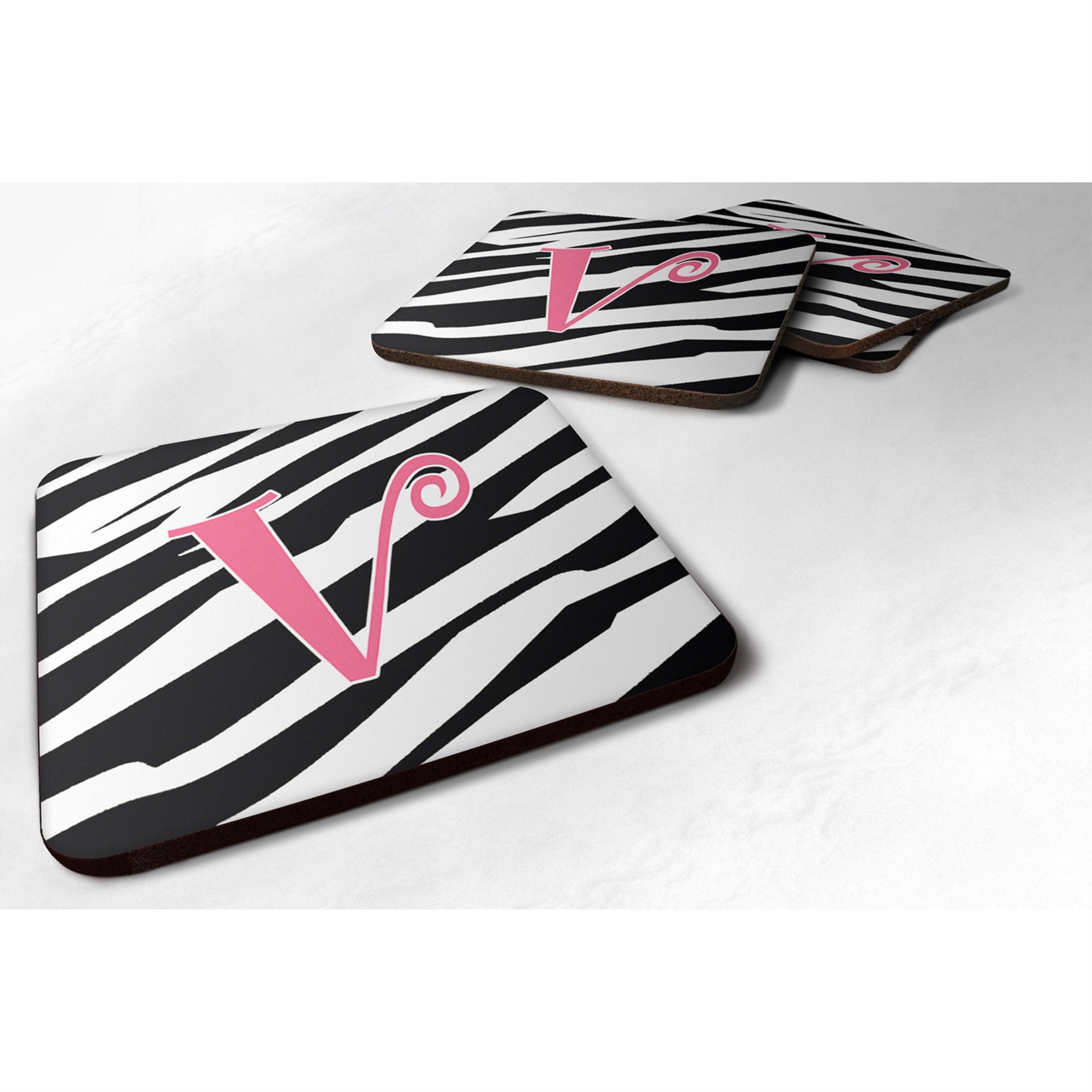 'Caroline'S Treasures Cj1037-Vfc Monogram-Zebra Stripe And Pink Foam Coasters (Set Of 4), Initial Letter V, 3.5'''' H X 3.5''''