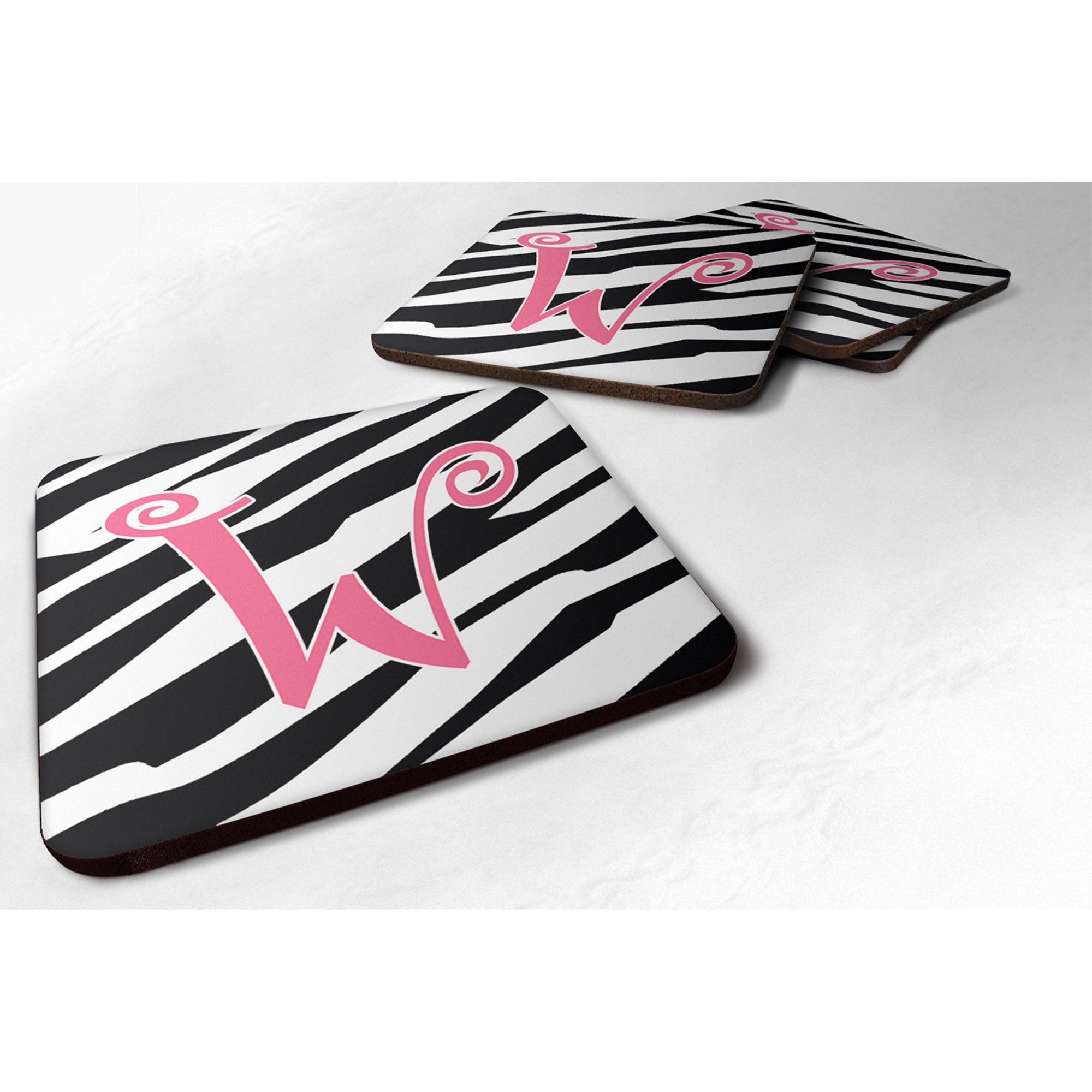 'Caroline'S Treasures Cj1037-Wfc Monogram-Zebra Stripe And Pink Foam Coasters (Set Of 4), Initial Letter W, 3.5'''' H X 3.5''''