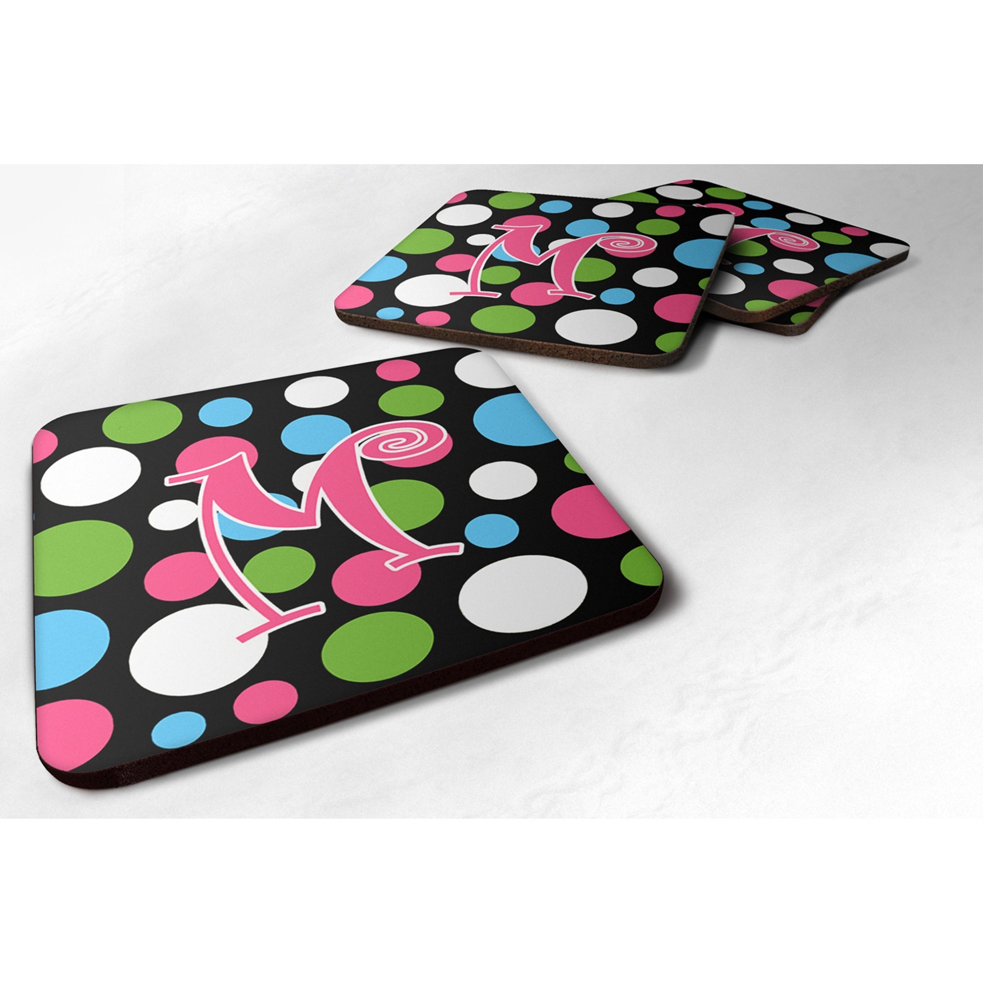'Caroline'S Treasures Cj1038-Mfc Monogram-Polkadots And Pink Foam Coasters (Set Of 4), Initial Letter M, 3.5'''' H X 3.5'''' W,