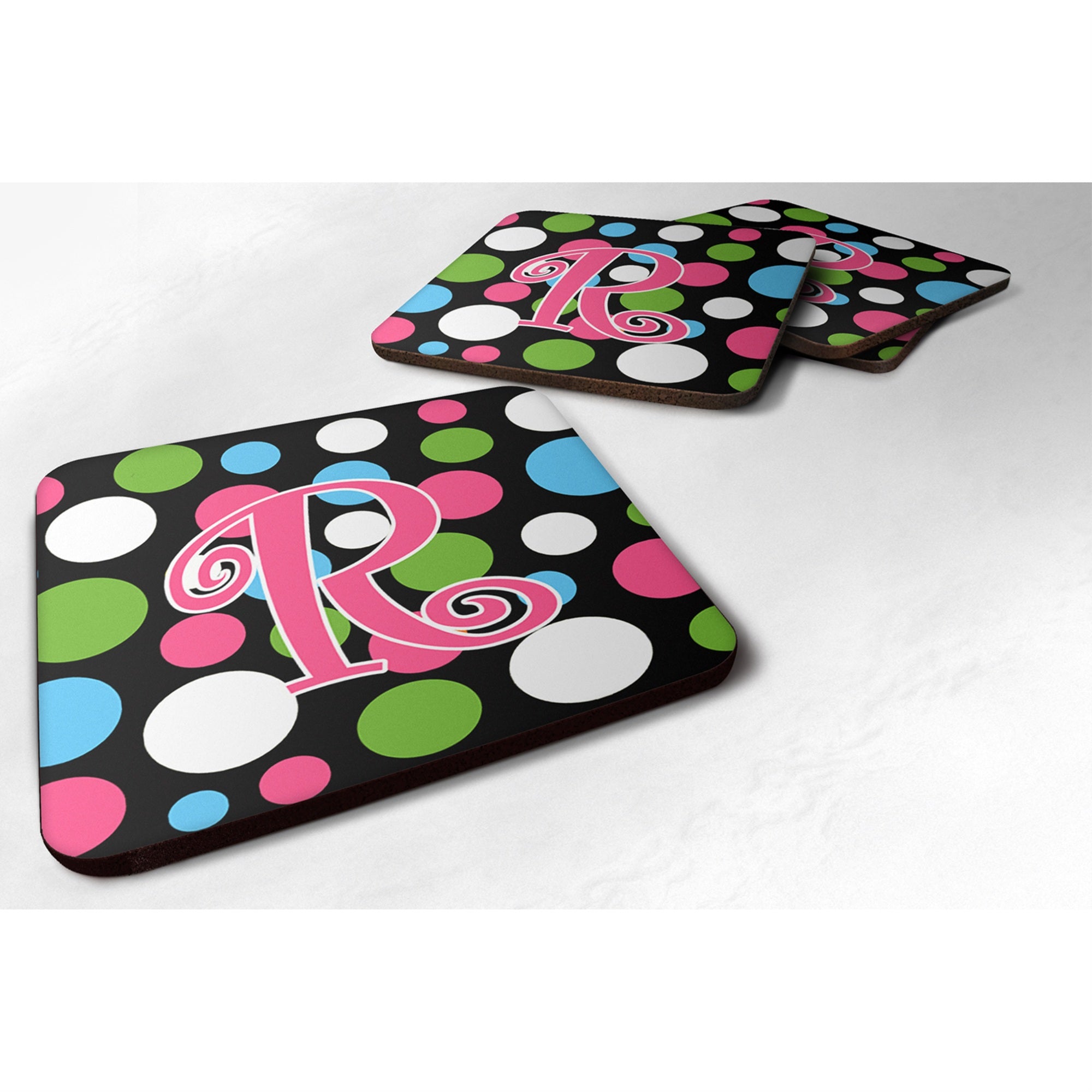 'Caroline'S Treasures Cj1038-Rfc Monogram-Polkadots And Pink Foam Coasters (Set Of 4), Initial Letter R, 3.5'''' H X 3.5'''' W,