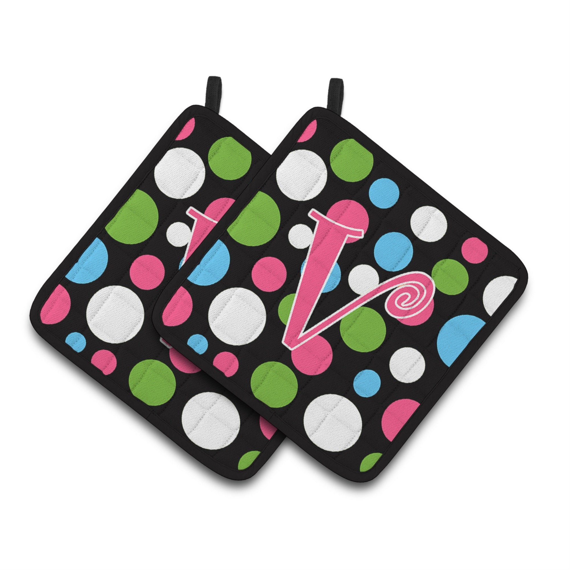 'Caroline'S Treasures Monogram Initial V Polkadots & Pink Pair Of Pot Holders Cj1038-Vpthd, 7.5Hx7.5W, Multicolor''