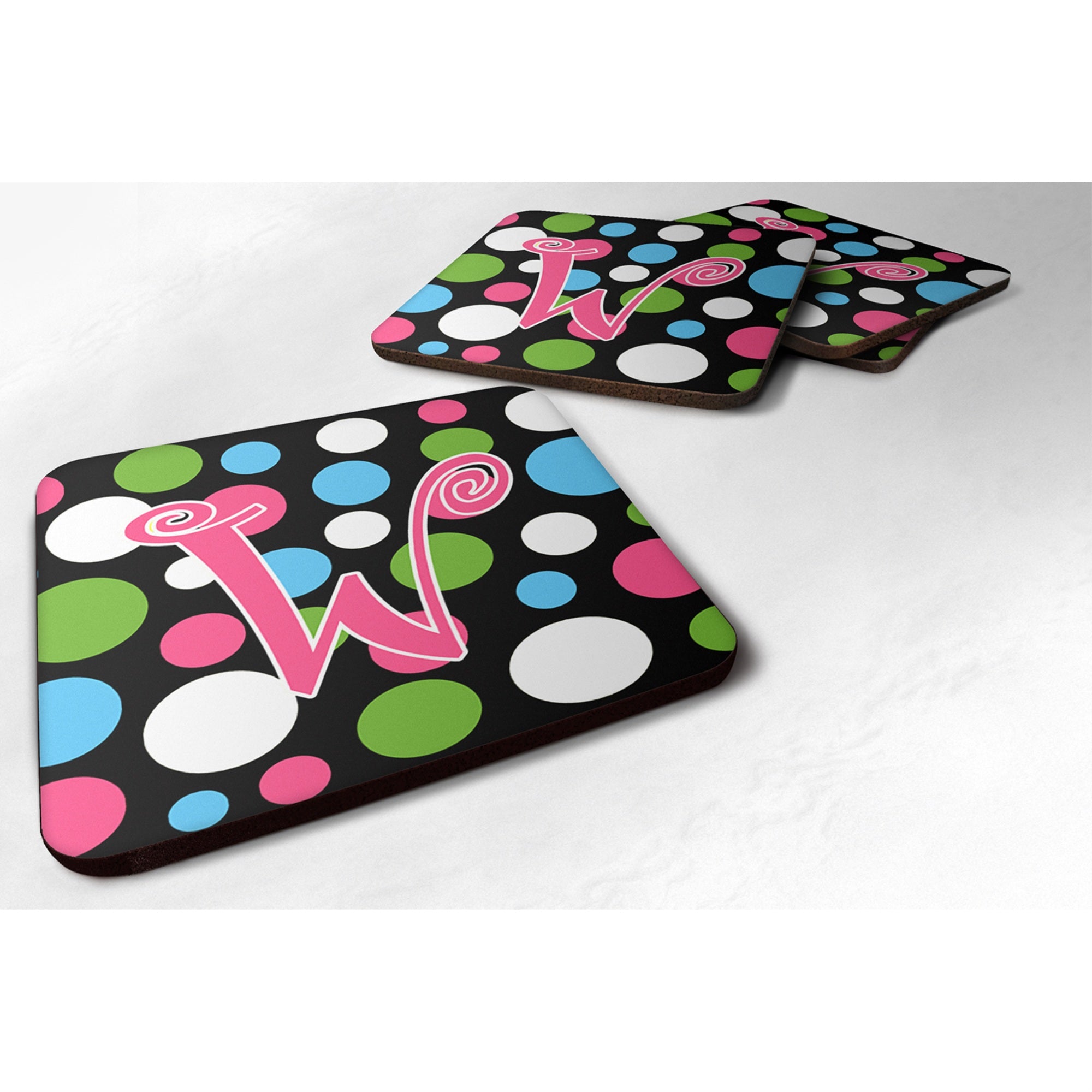 'Caroline'S Treasures Cj1038-Wfc Monogram-Polkadots And Pink Foam Coasters (Set Of 4), Initial Letter W, 3.5'''' H X 3.5'''' W,