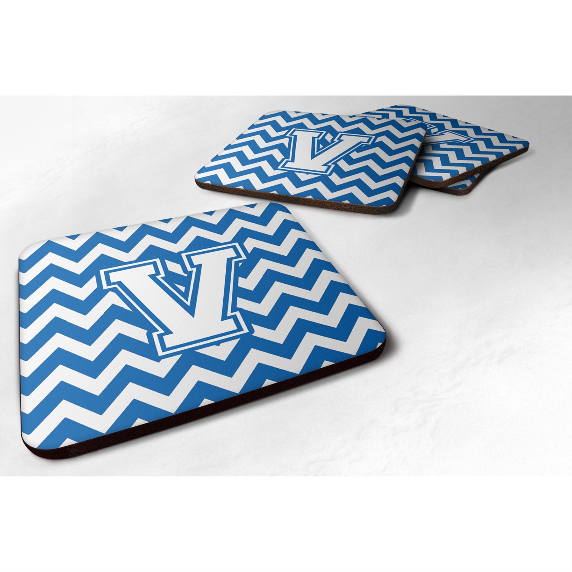 'Caroline'S Treasures Cj1045-Vfc Letter V Chevron Blue And White Foam Coaster (Set Of 4), 3.5'''', Multicolor''