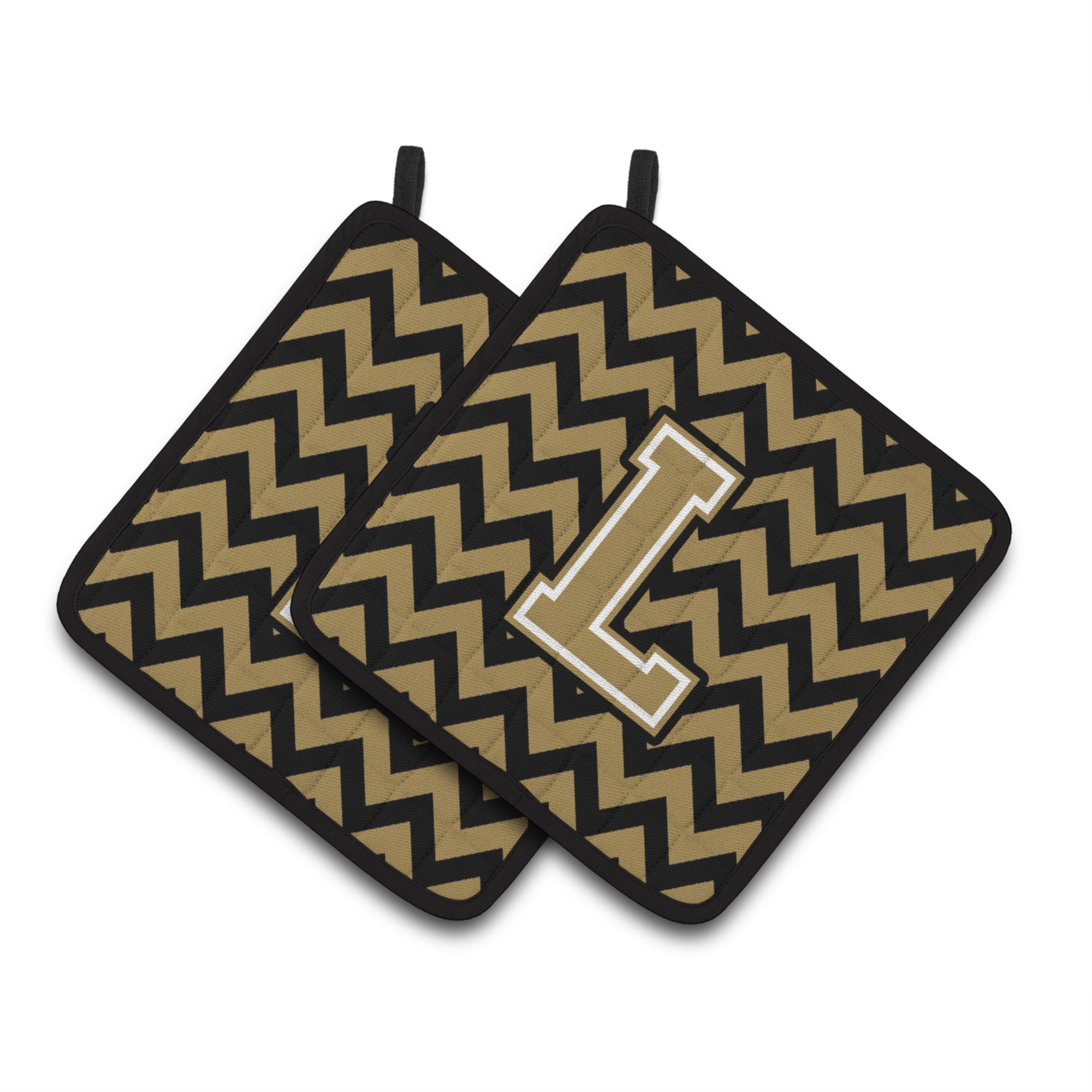 'Caroline'S Treasures Letter L Chevron Black & Gold Pair Of Pot Holders Cj1050-Lpthd, 7.5Hx7.5W, Multicolor''