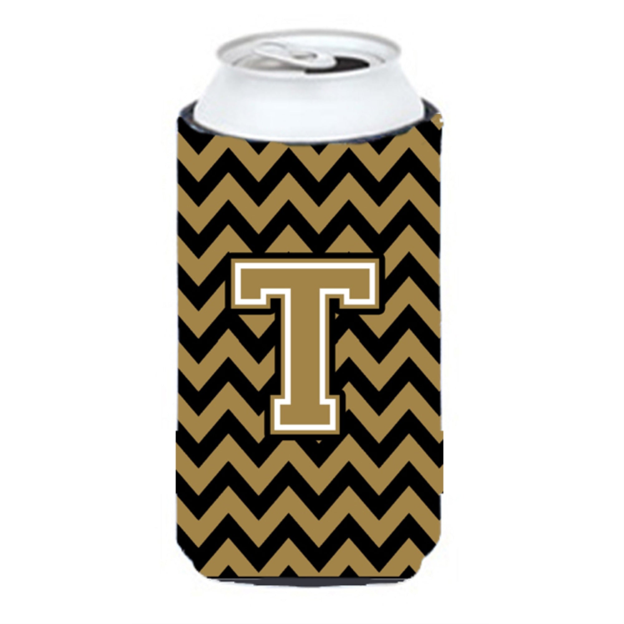 Letter T Chevron Black And Gold  Tall Boy Beverage Insulator Hugger Cj1050-Ttbc