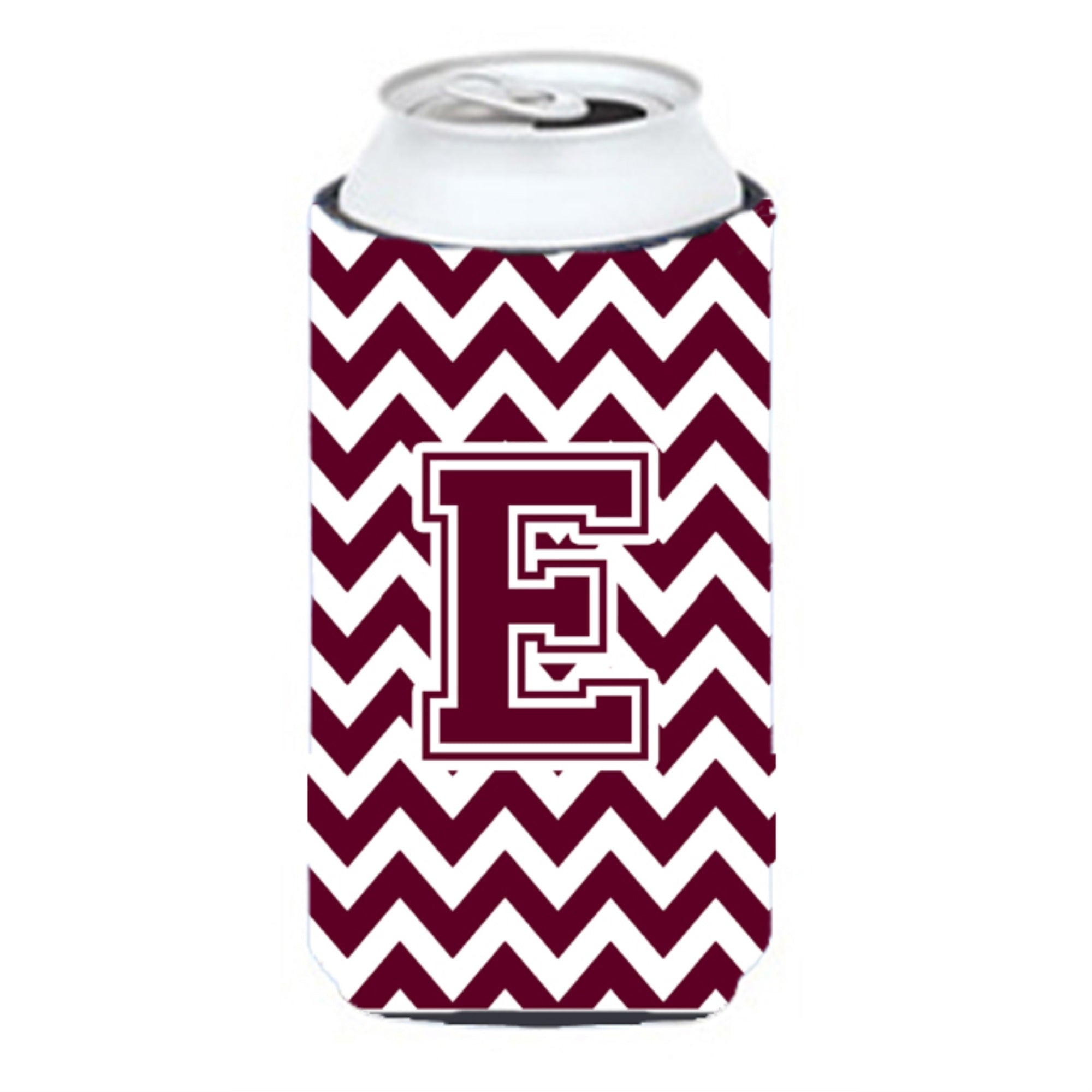 Letter E Chevron Maroon And White  Tall Boy Beverage Insulator Hugger Cj1051-Etbc