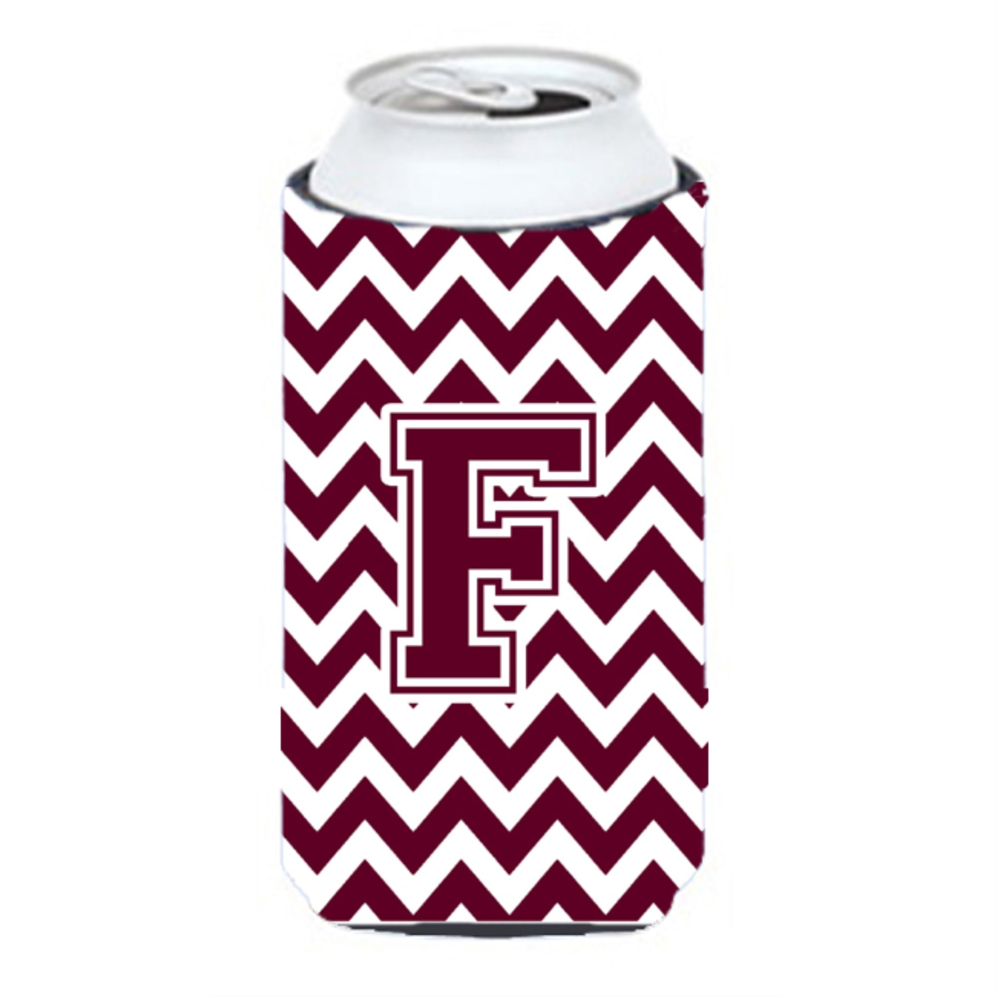 Letter F Chevron Maroon And White  Tall Boy Beverage Insulator Hugger Cj1051-Ftbc
