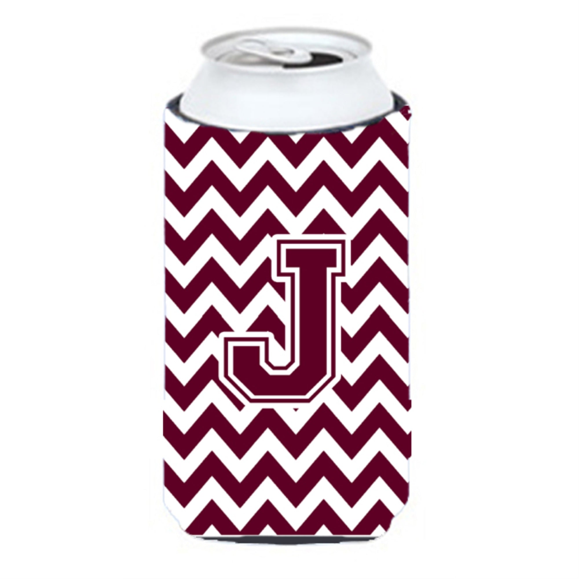 Letter J Chevron Maroon And White  Tall Boy Beverage Insulator Hugger Cj1051-Jtbc