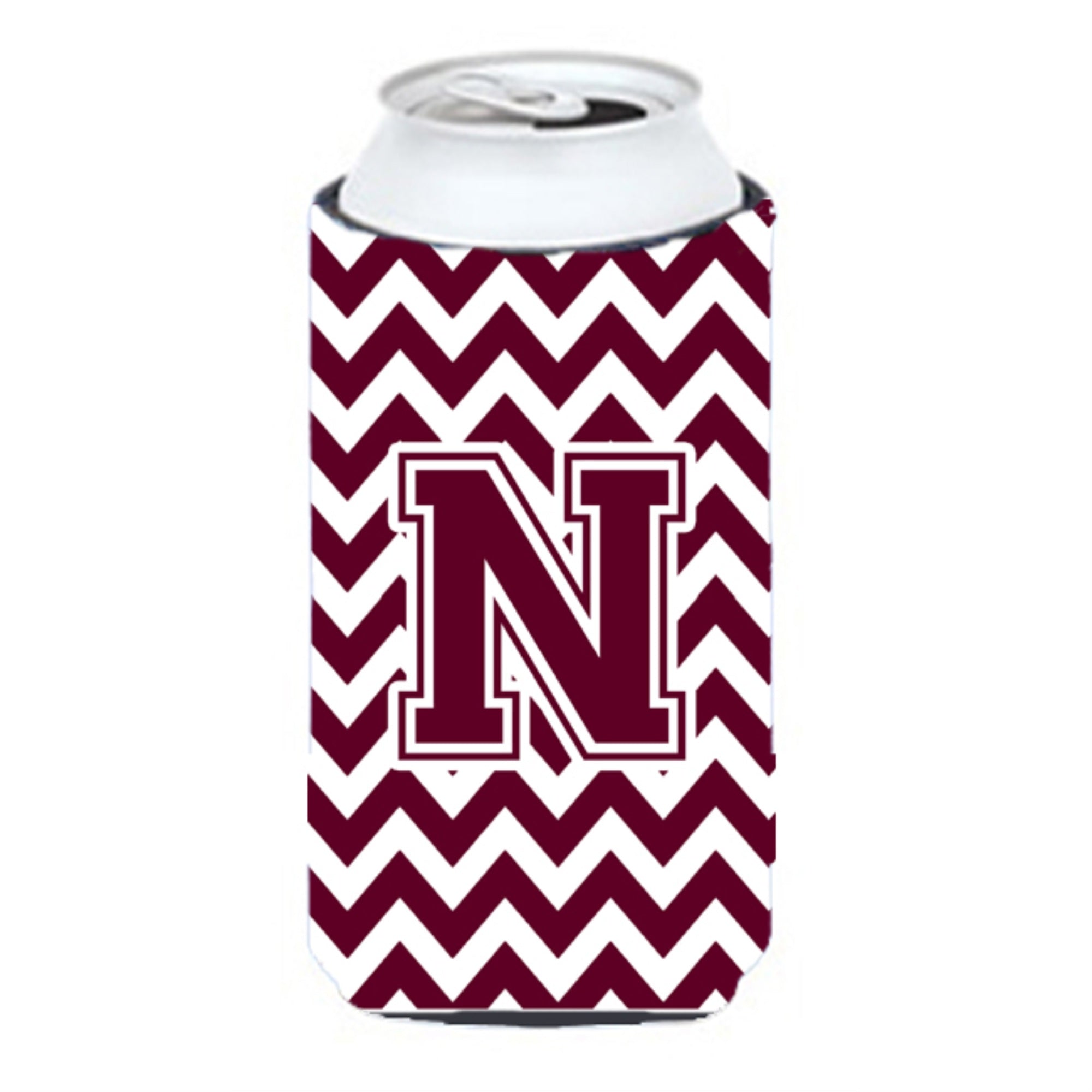 Letter N Chevron Maroon And White  Tall Boy Beverage Insulator Hugger Cj1051-Ntbc
