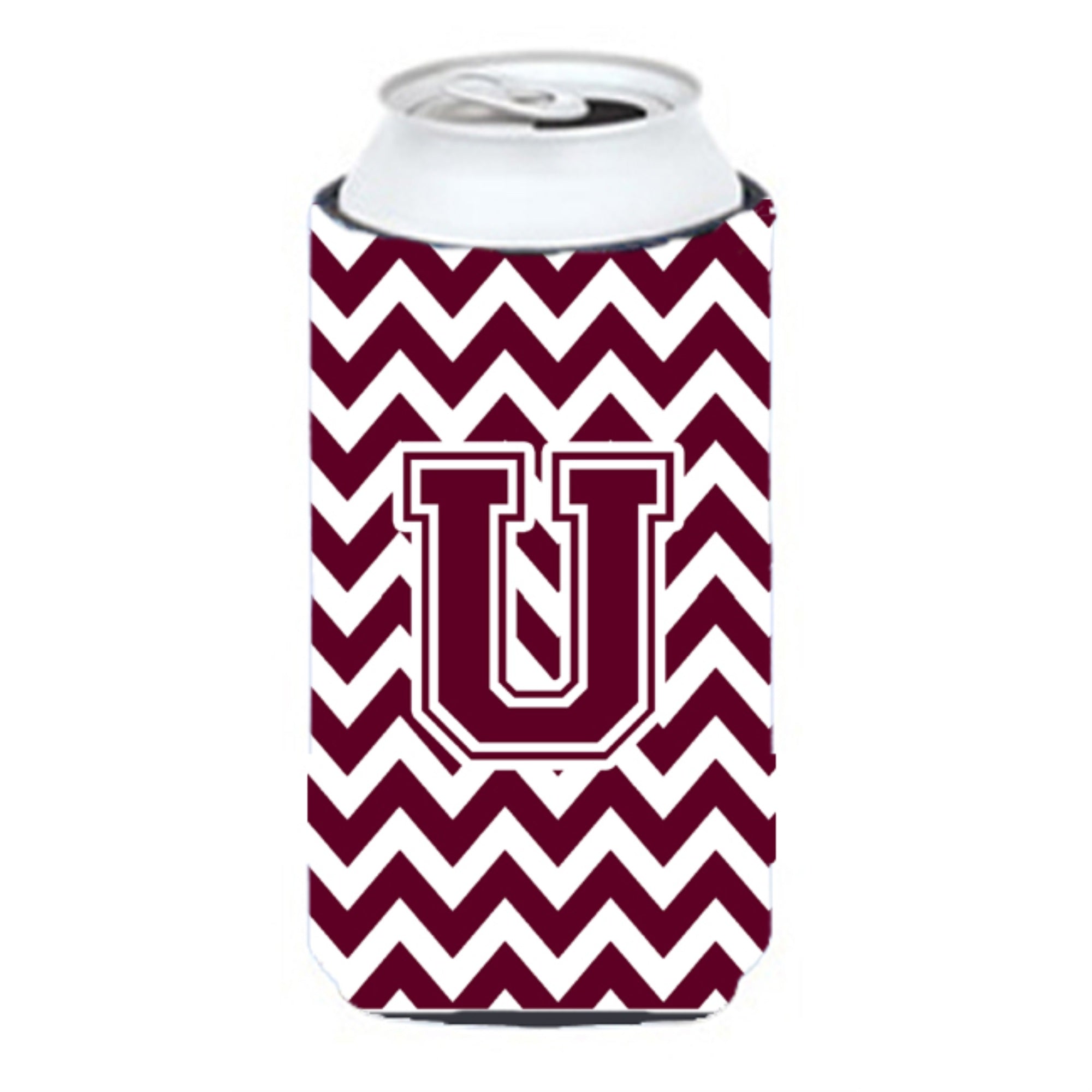 Letter U Chevron Maroon And White  Tall Boy Beverage Insulator Hugger Cj1051-Utbc