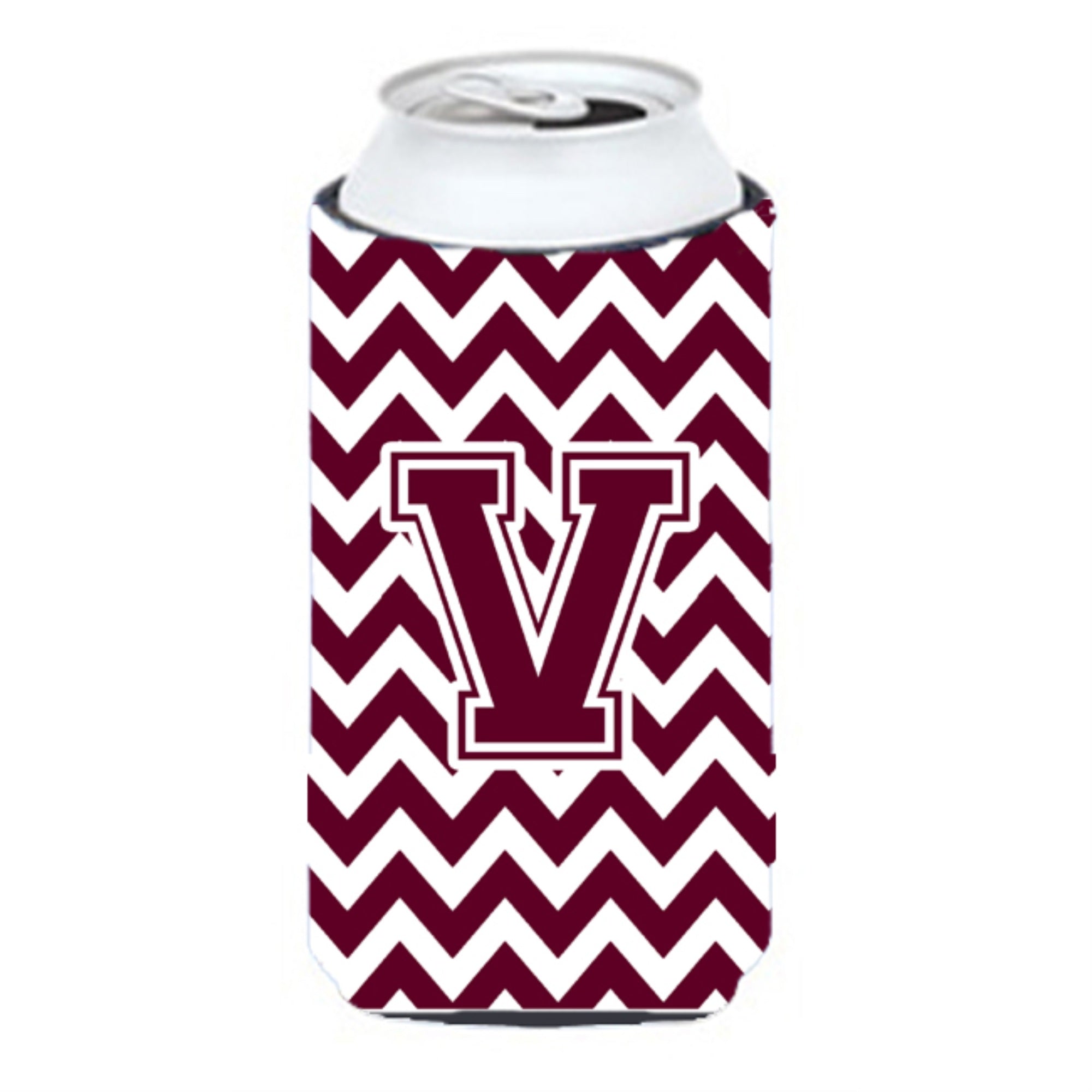 Letter V Chevron Maroon And White  Tall Boy Beverage Insulator Hugger Cj1051-Vtbc