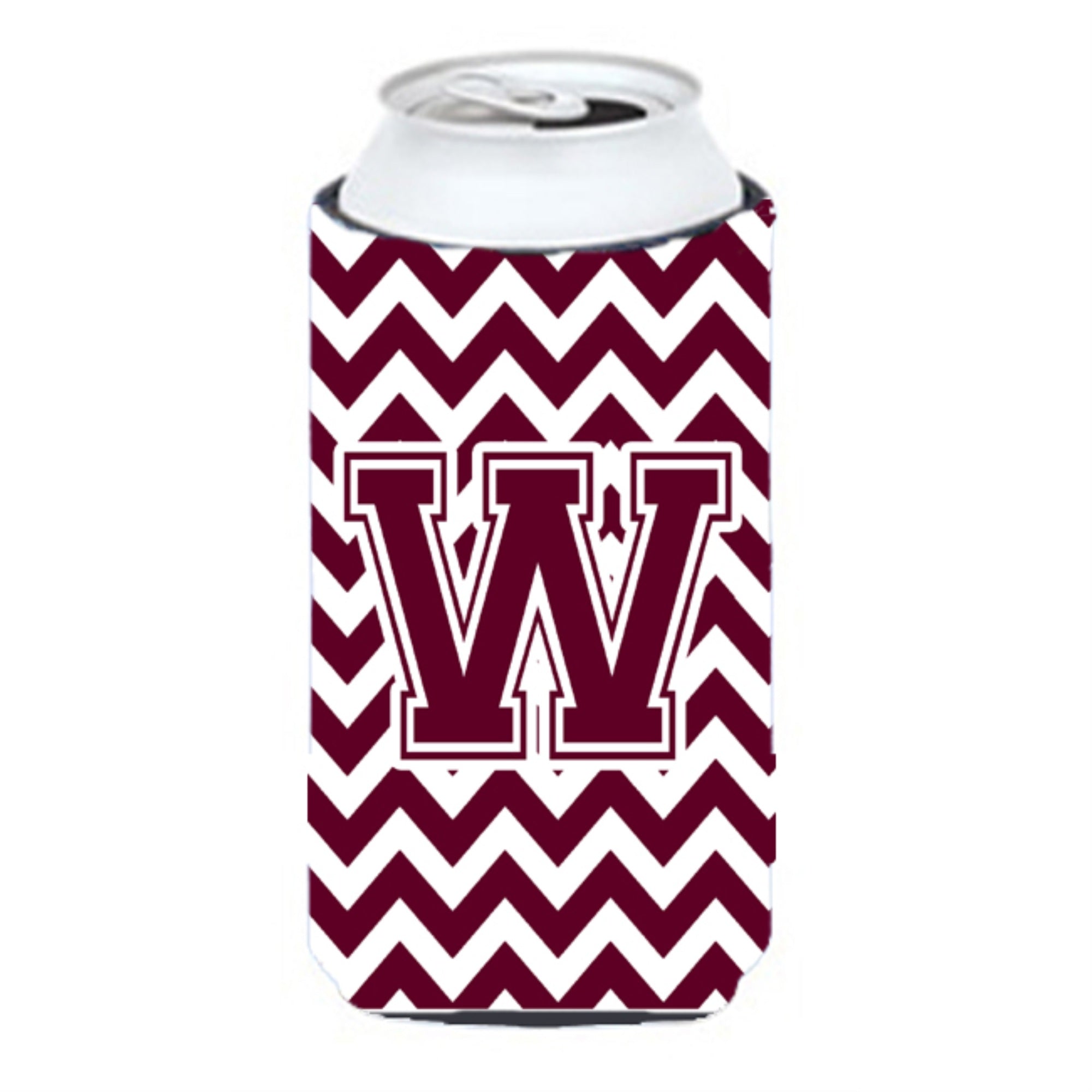 Letter W Chevron Maroon And White  Tall Boy Beverage Insulator Hugger Cj1051-Wtbc