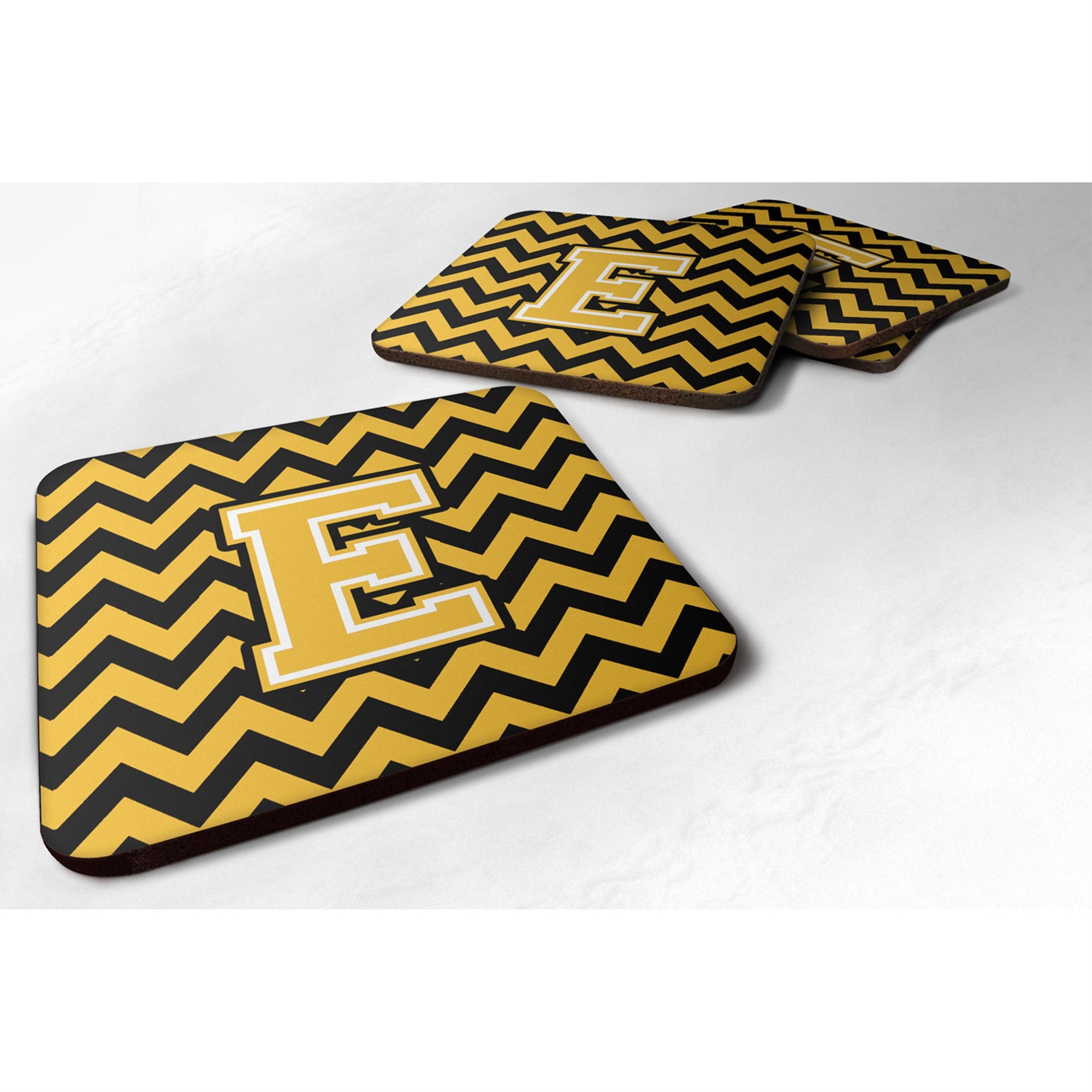'Caroline'S Treasures Cj1053-Efc Letter E Chevron Black And Gold Foam Coaster (Set Of 4), 3.5'''', Multicolor''