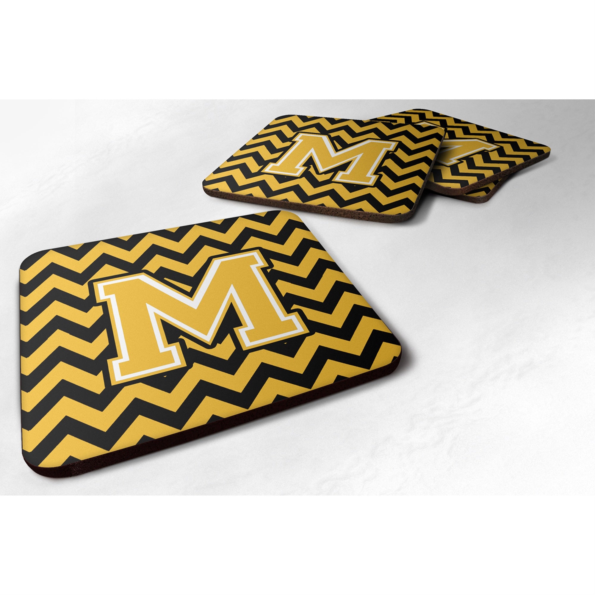 'Caroline'S Treasures Cj1053-Mfc Letter M Chevron Black And Gold Foam Coaster (Set Of 4), 3.5'''', Multicolor''