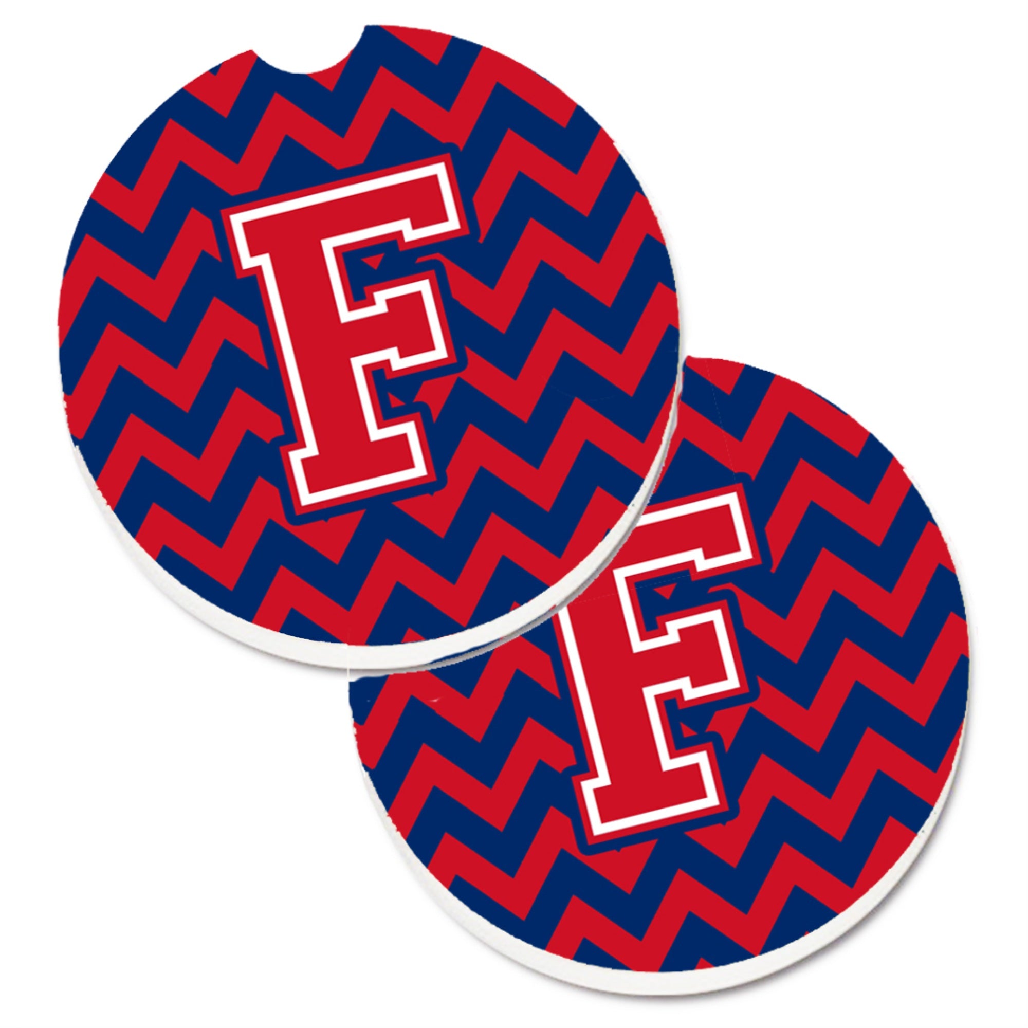 'Caroline'S Treasures Letter F Chevron Yale Blue & Crimson Set Of 2 Cup Holder Car Coasters Cj1054-Fcarc, 2.56, Multicolor''