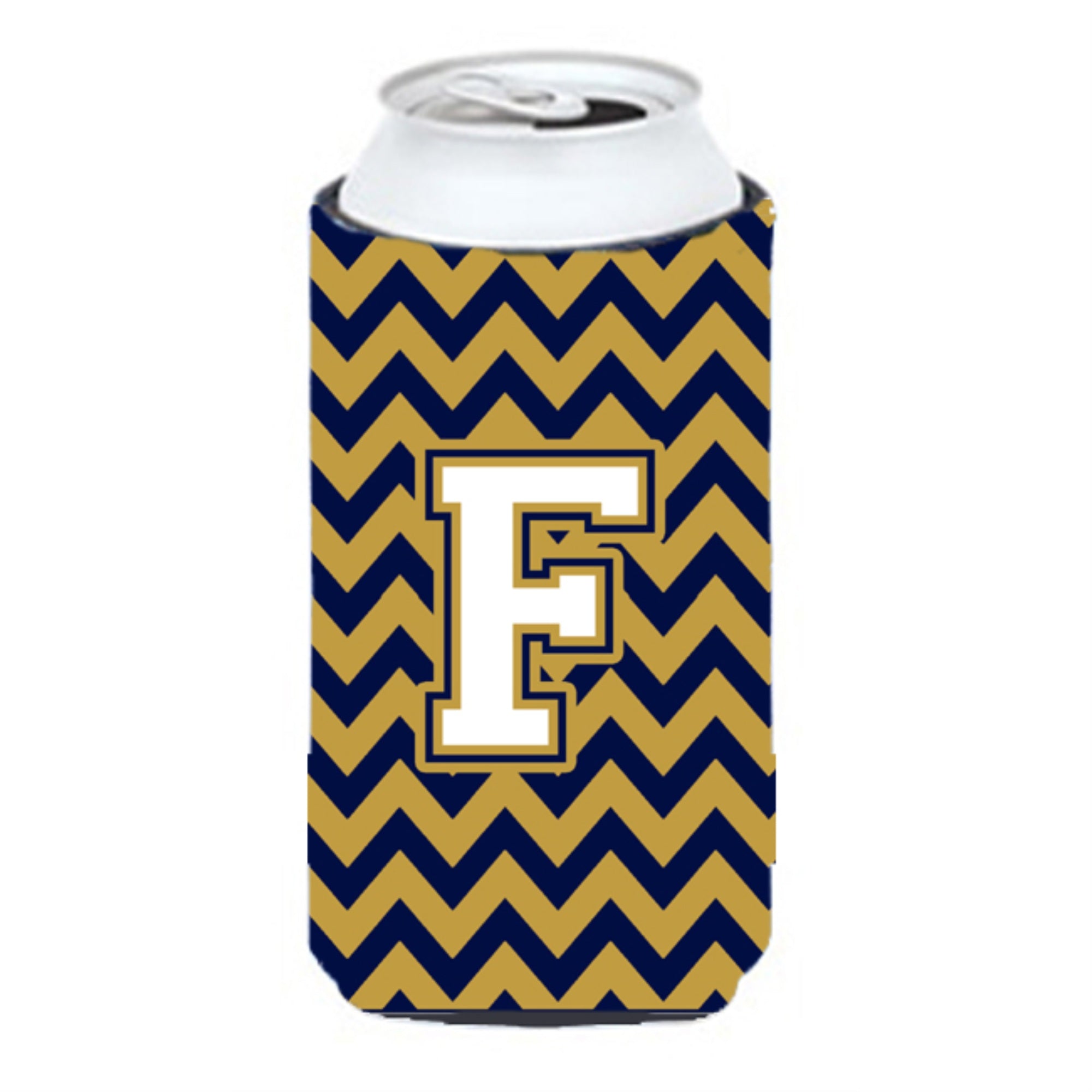 Letter F Chevron Navy Blue And Gold Tall Boy Beverage Insulator Hugger Cj1057-Ftbc