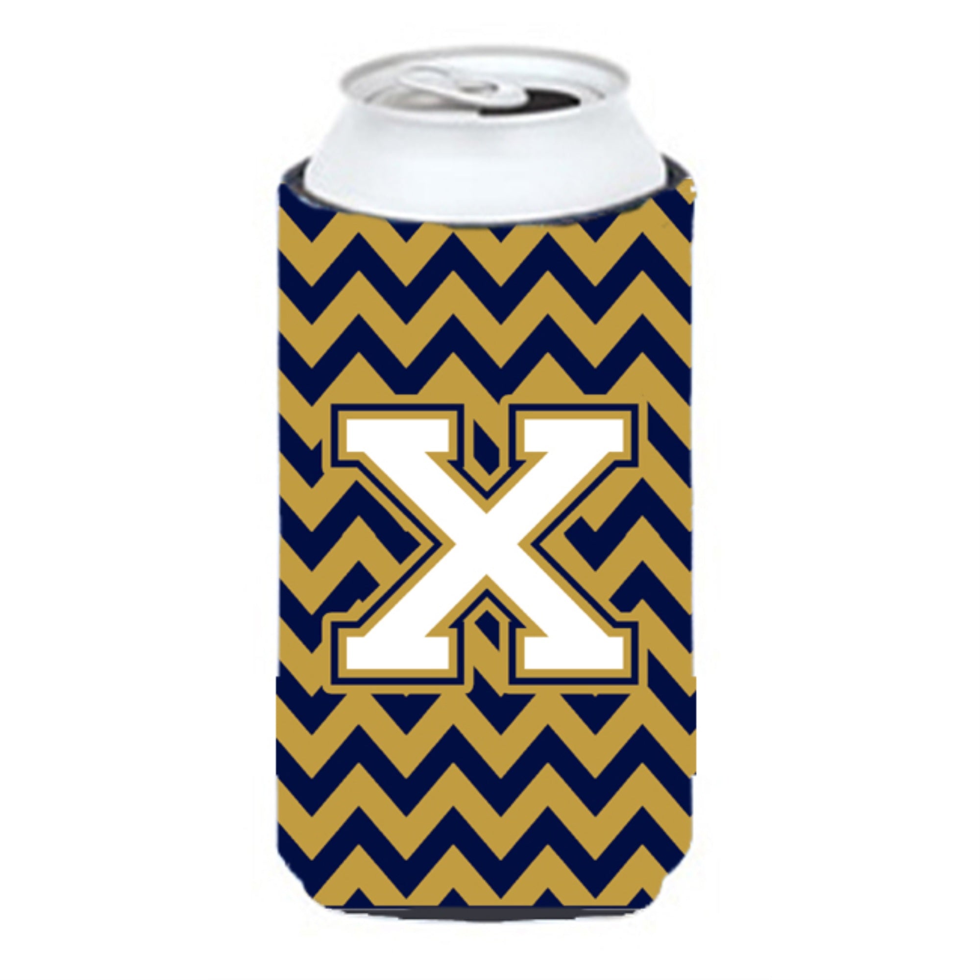 Letter X Chevron  Navy Blue And Gold Tall Boy Beverage Insulator Hugger Cj1057-Xtbc