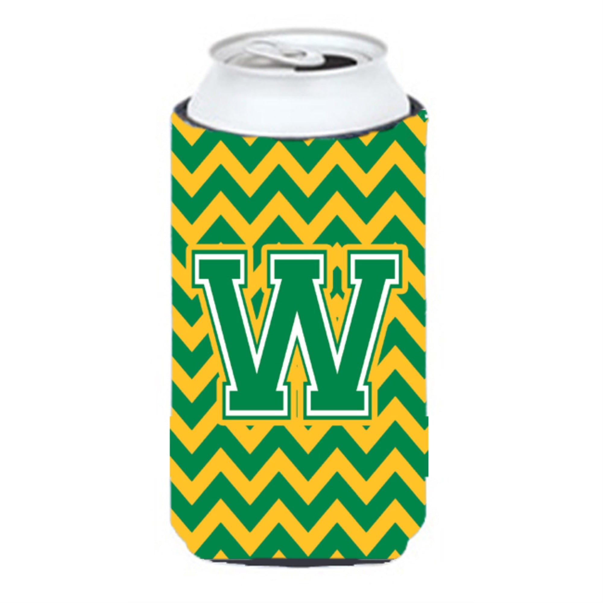 Letter W Chevron Green And Gold Tall Boy Beverage Insulator Hugger Cj1059-Wtbc