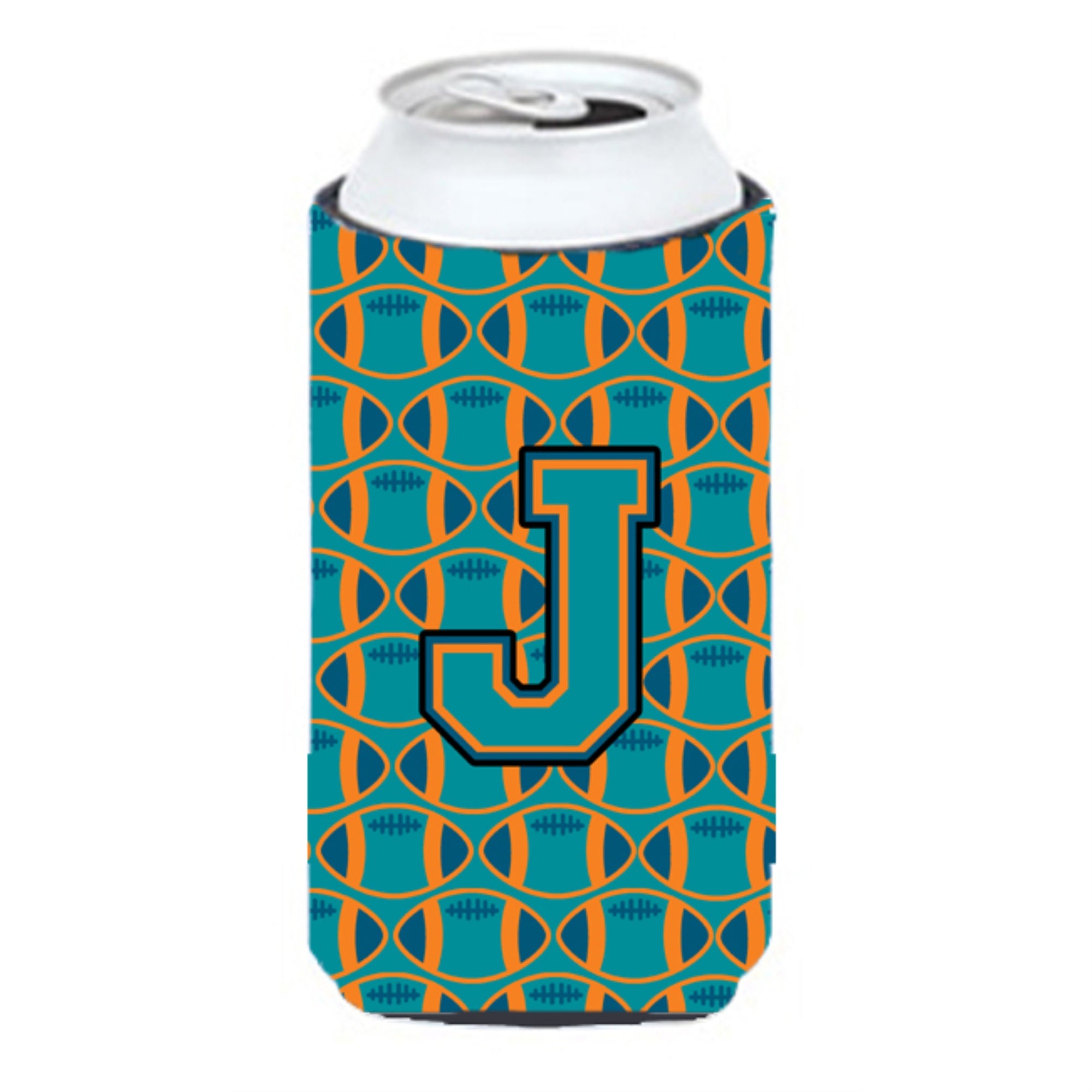 'Letter J Football Aqua, Orange And Marine Blue Tall Boy Beverage Insulator Hugger Cj1063-Jtbc''