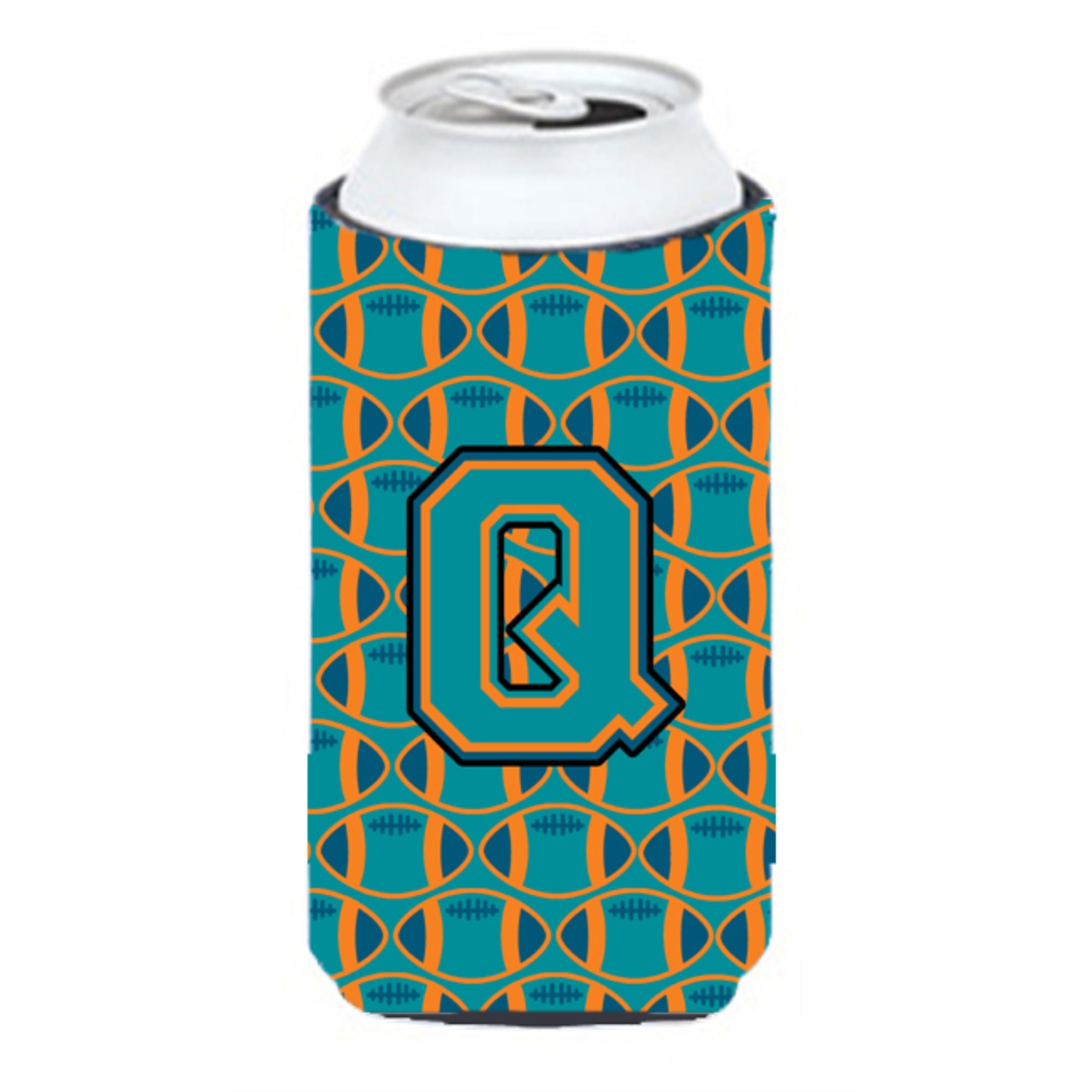 'Letter Q Football Aqua, Orange And Marine Blue Tall Boy Beverage Insulator Hugger Cj1063-Qtbc''