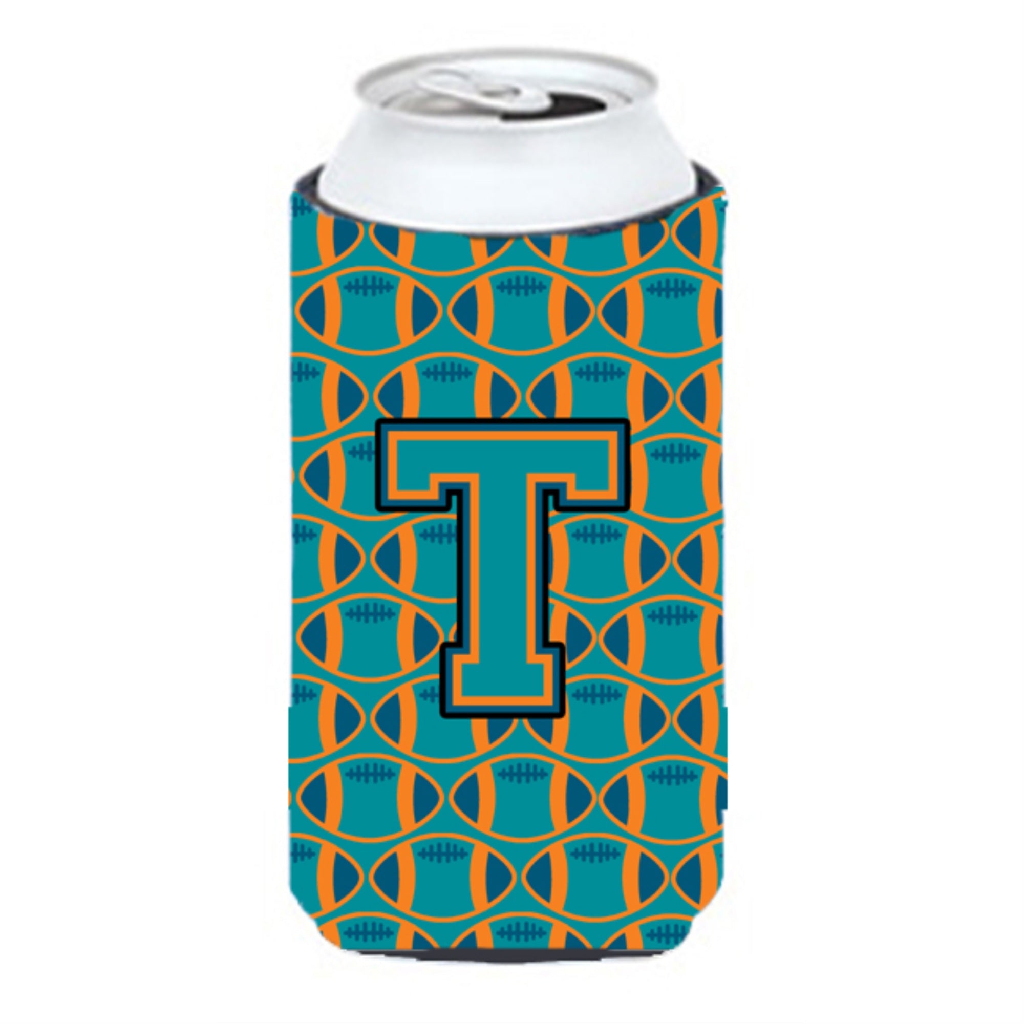 'Letter T Football Aqua, Orange And Marine Blue Tall Boy Beverage Insulator Hugger Cj1063-Ttbc''
