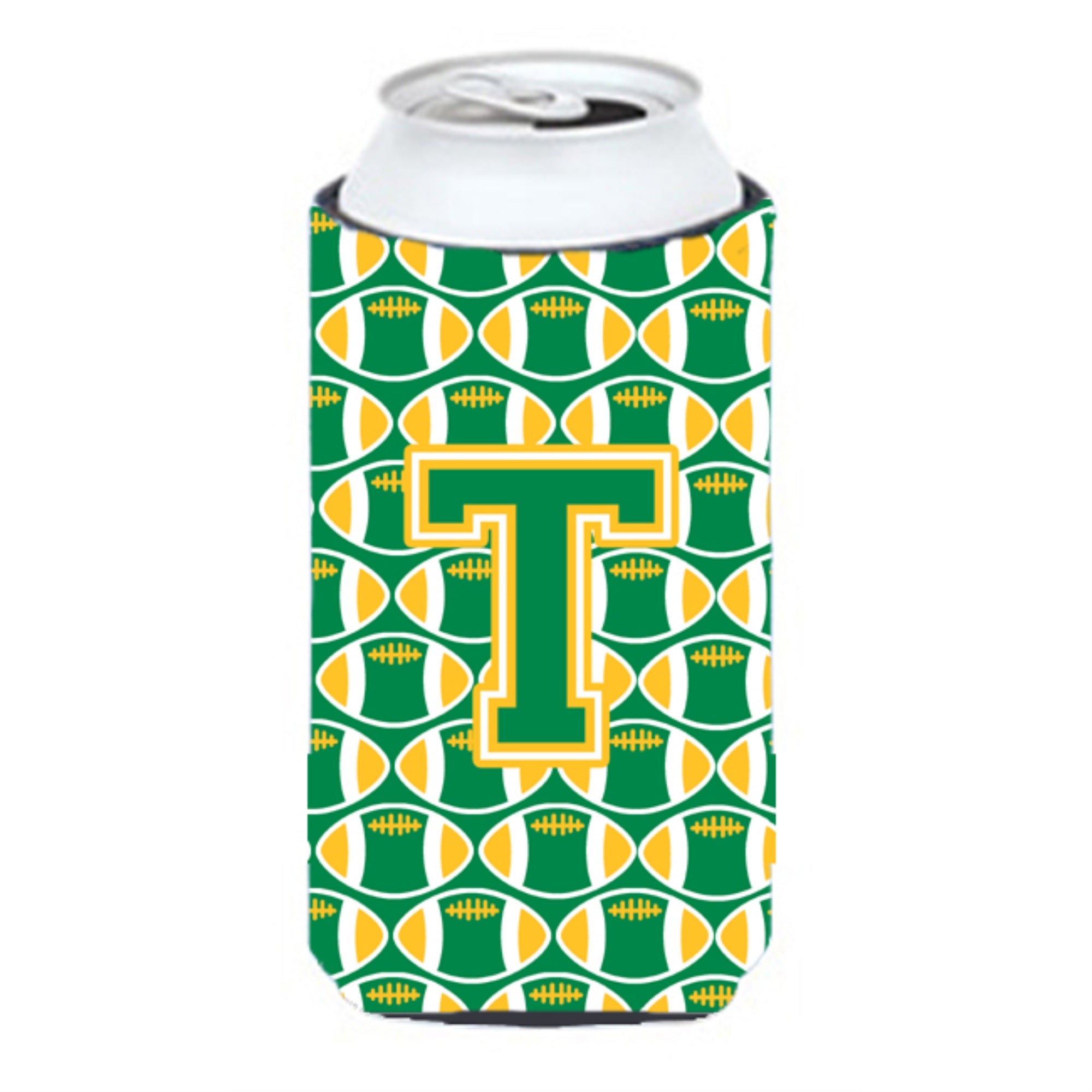 Letter T Football Green And Gold Tall Boy Beverage Insulator Hugger Cj1069-Ttbc