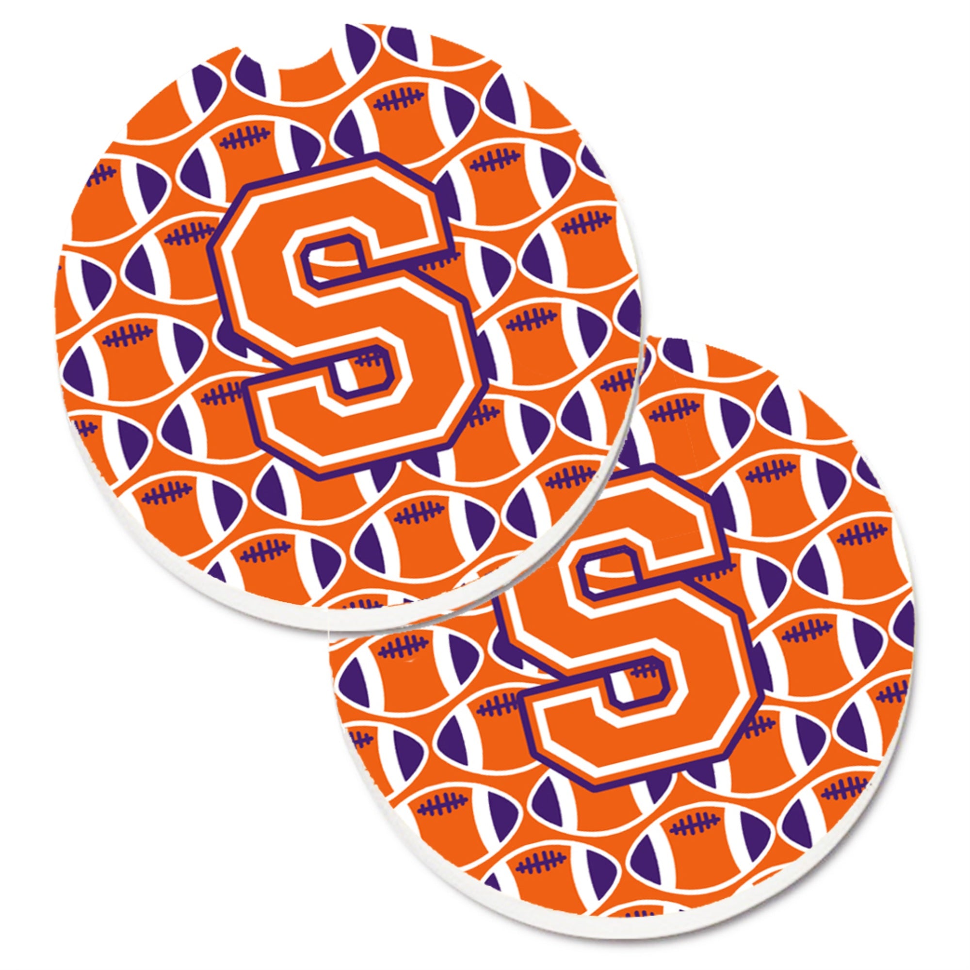 'Caroline'S Treasures Letter S Football Orange, White & Regalia Set Of 2 Cup Holder Car Coasters Cj1072-Scarc, 2.56, Multicolor